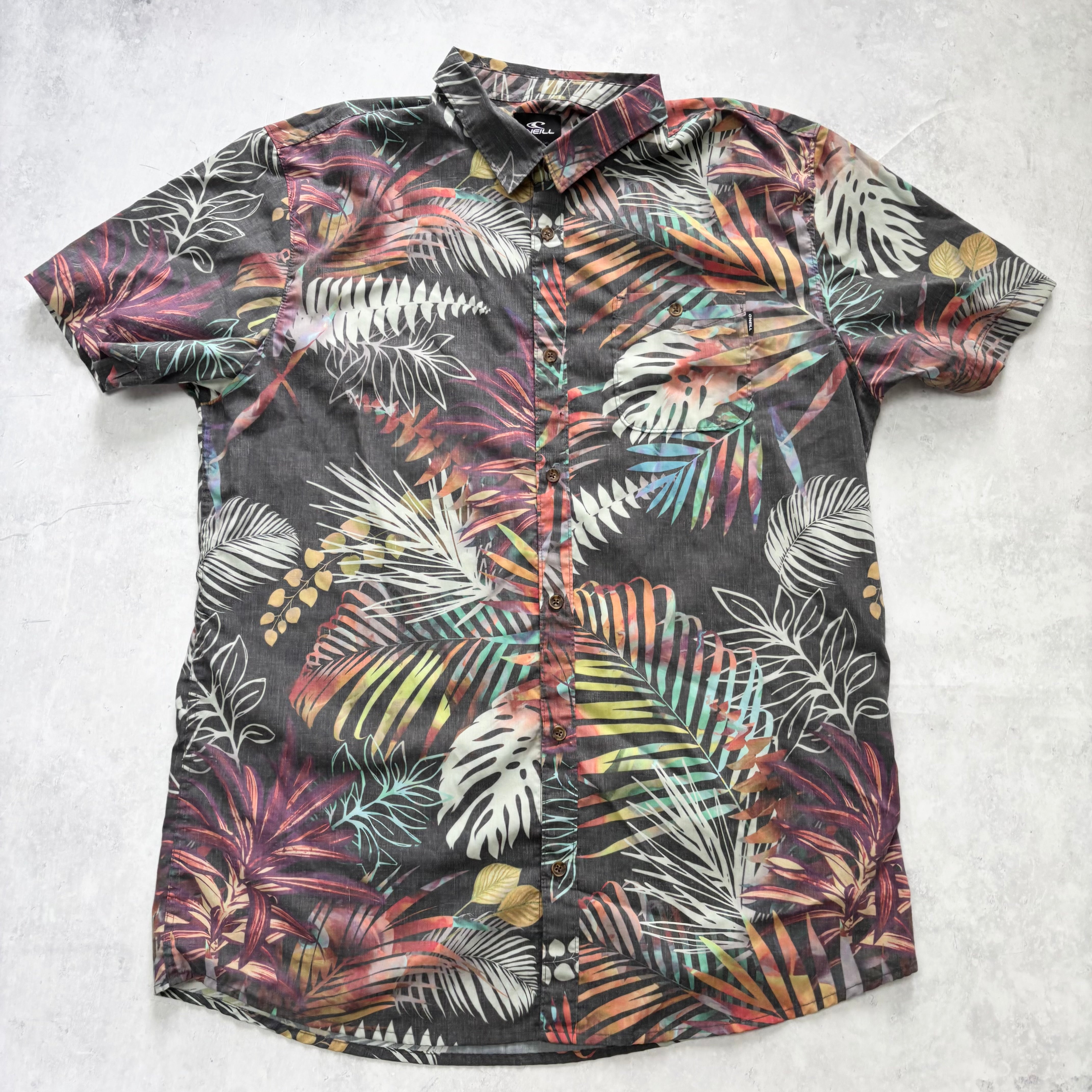 O'Neill Hawaiian Shirt Mens XL Grey Floral Aloha Short Sleeve Polyester Surf (E)