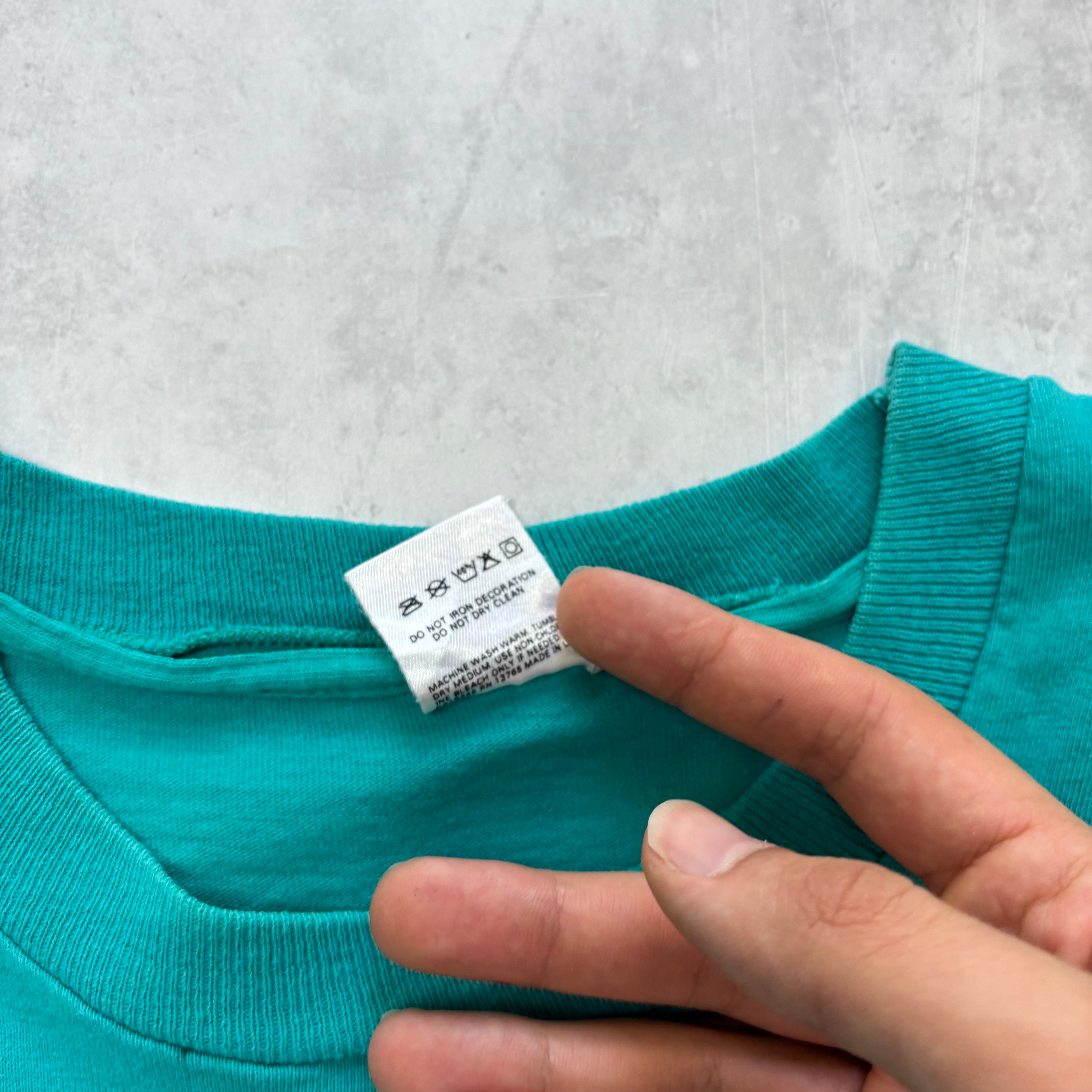 Vintage T Shirt Mens Medium Turquoise Blue Single Stitch Graphic Print 90s (E)