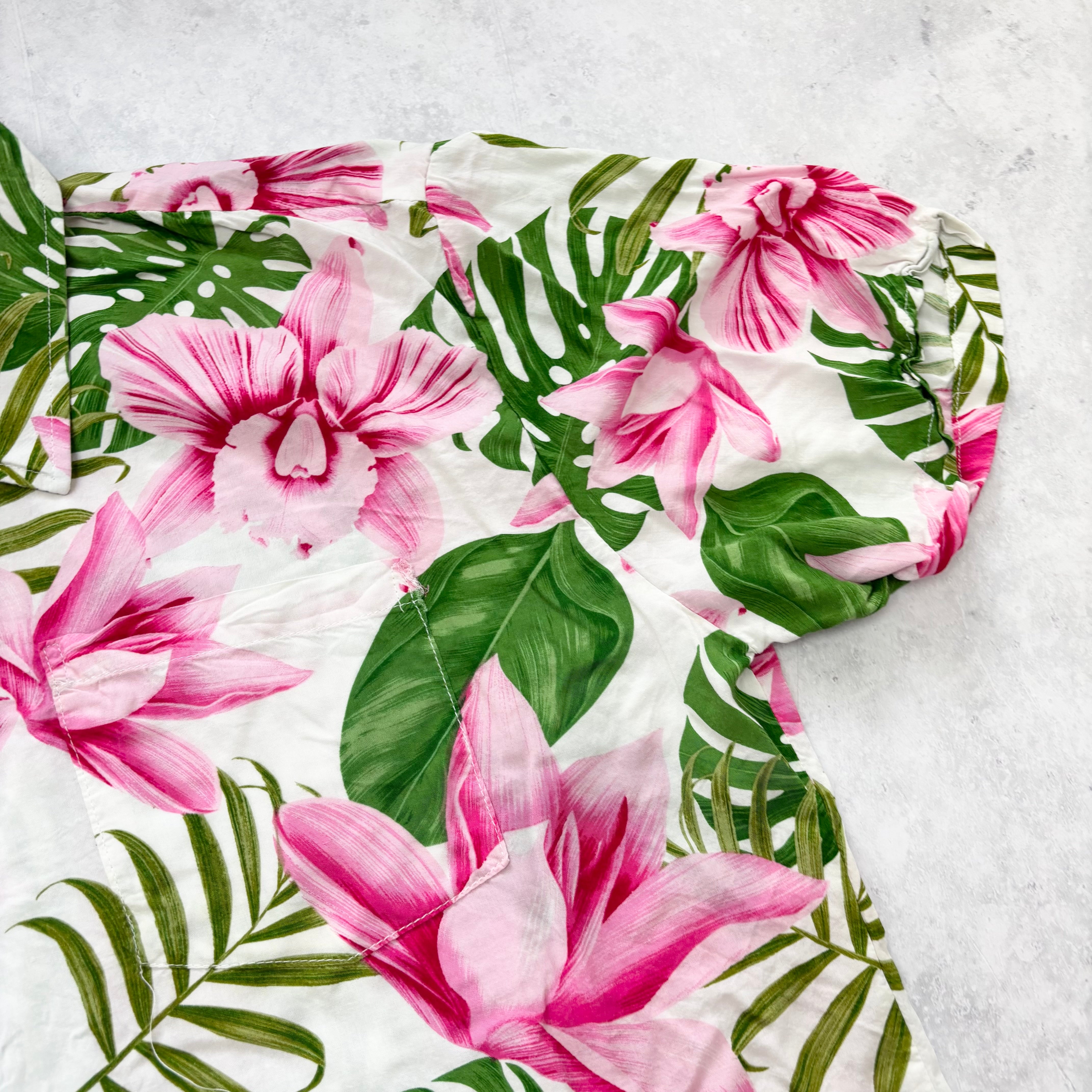 Hawaiian Shirt Mens Large Pink Floral Aloha Short Sleeve Rayon (E)