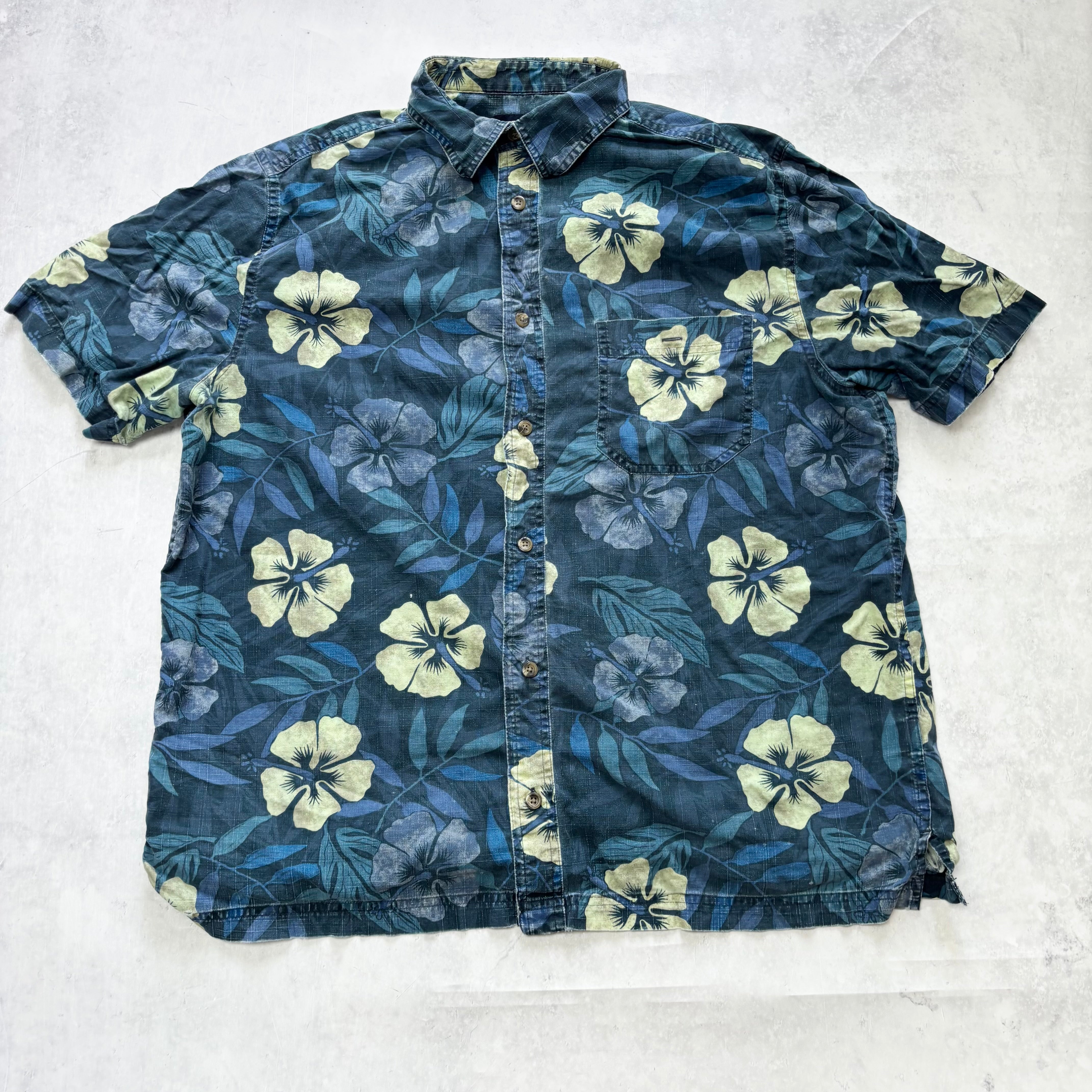 Hawaiian Shirt Mens Large Blue Floral Aloha Short Sleeve Cotton