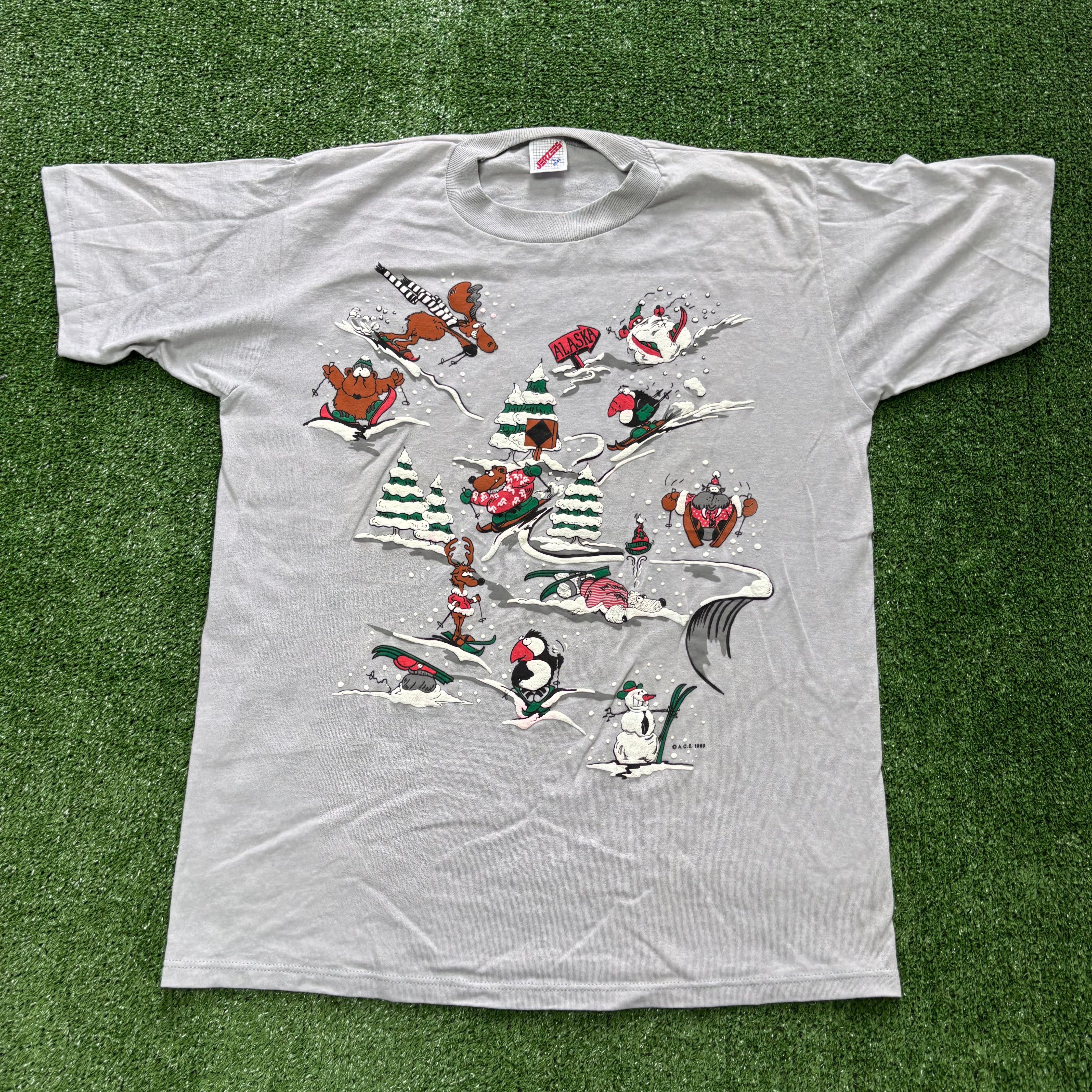 Vintage T Shirt Mens Medium Grey Single Stitch Graphic Print 80s
