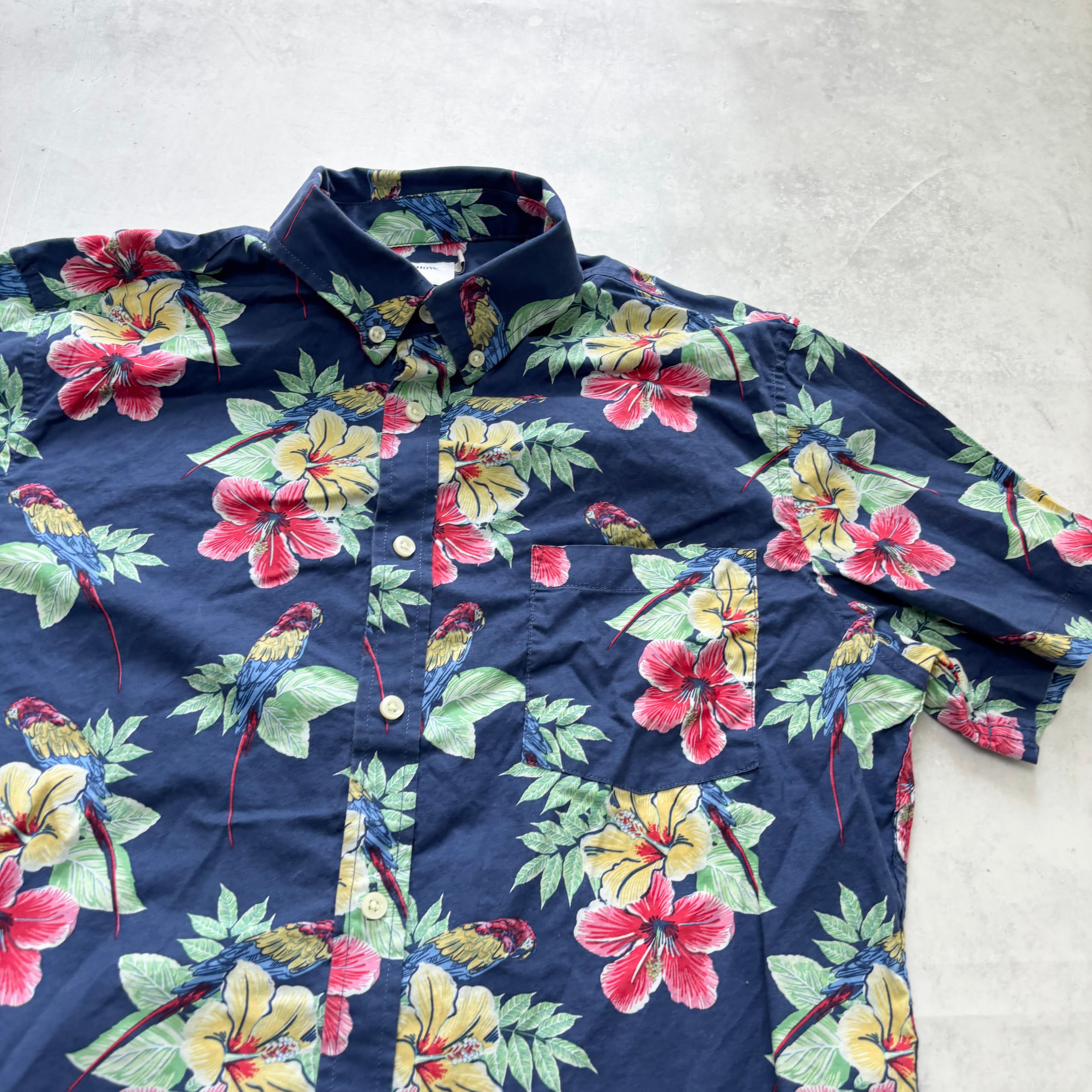 Hawaiian Shirt Mens Large Blue Floral Aloha Short Sleeve Cotton Slim Fit (E)