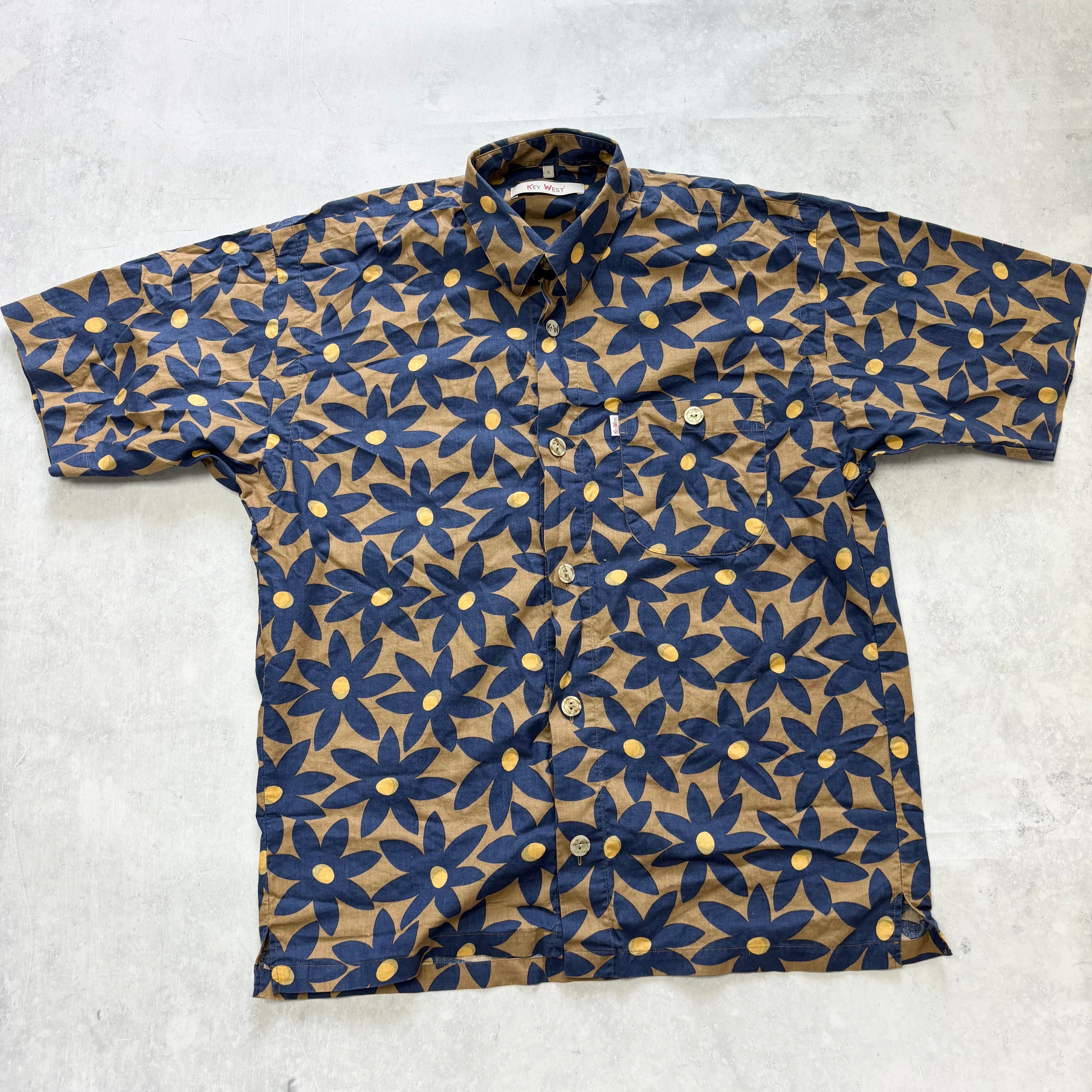 Vintage Hawaiian Shirt Mens Small Navy Brown Floral Aloha Short Sleeve (E)