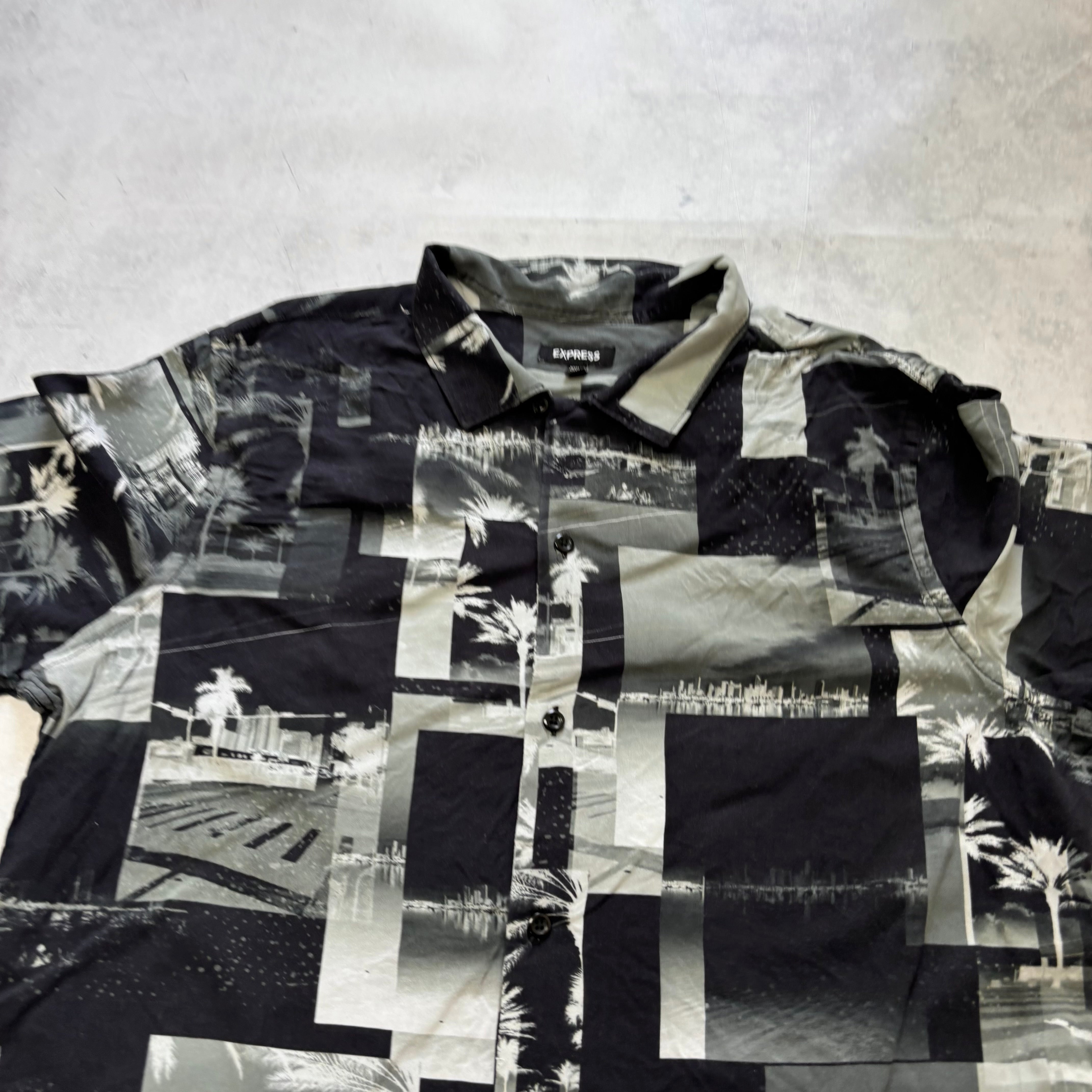 Hawaiian Shirt Mens Large Black Floral Aloha Short Sleeve Rayon Slim Fit (E)