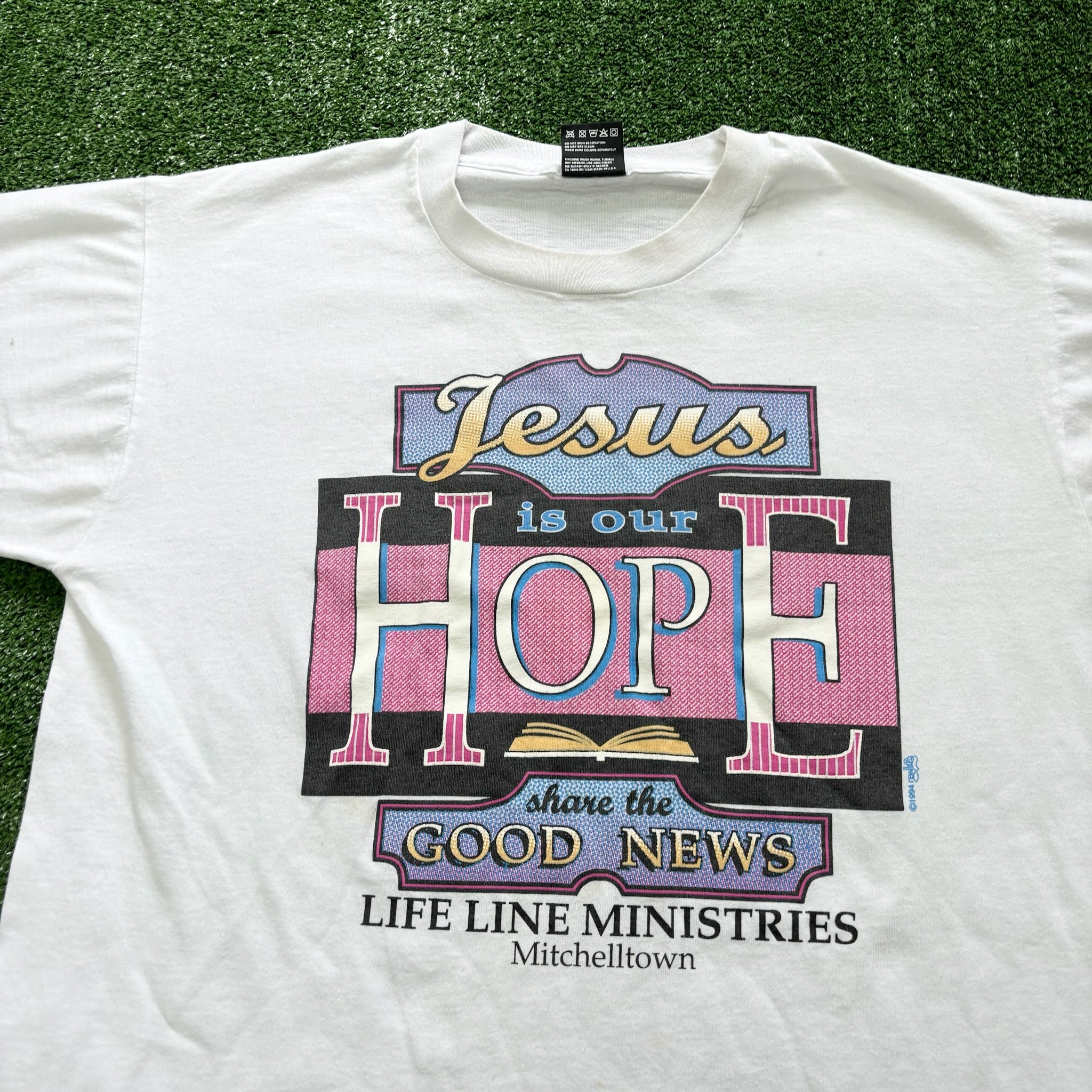 Vintage T Shirt Mens Medium White Single Stitch Graphic Print 90s USA Jesus