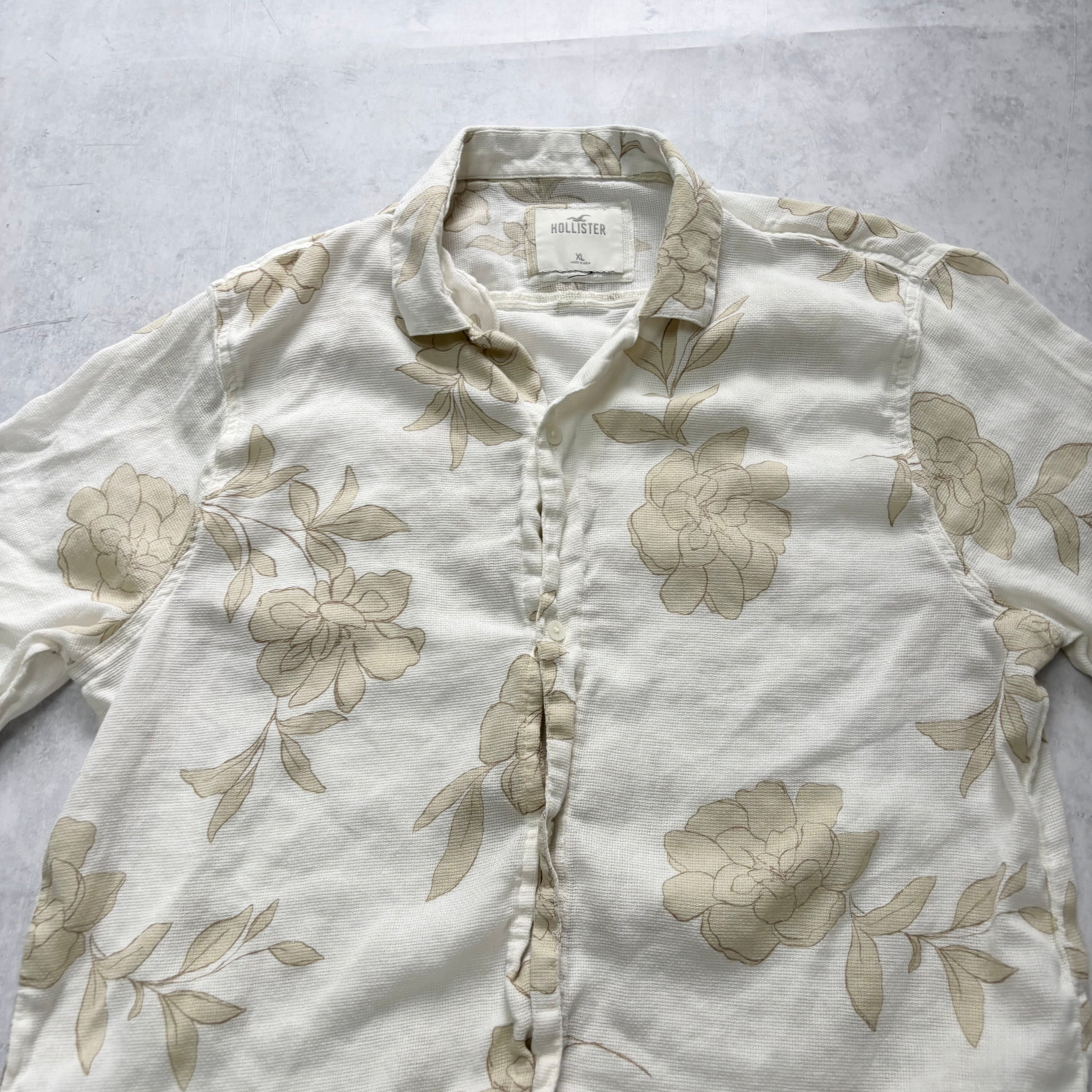 Hollister Hawaiian Shirt Mens Large White Aloha Short Sleeve Cotton Linen Blend
