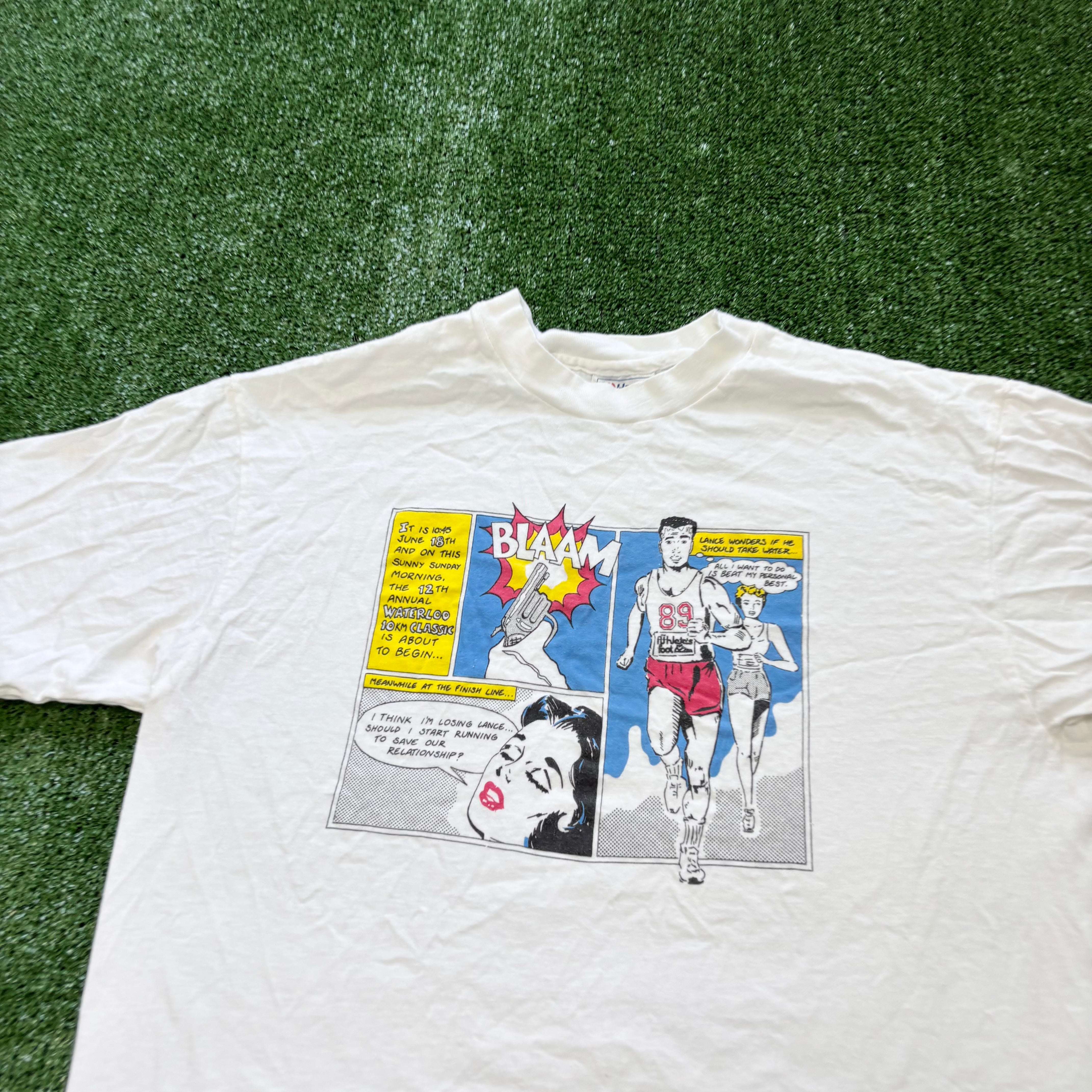 Vintage T Shirt Mens Medium White Single Stitch Graphic Print 90s Run Race (E)