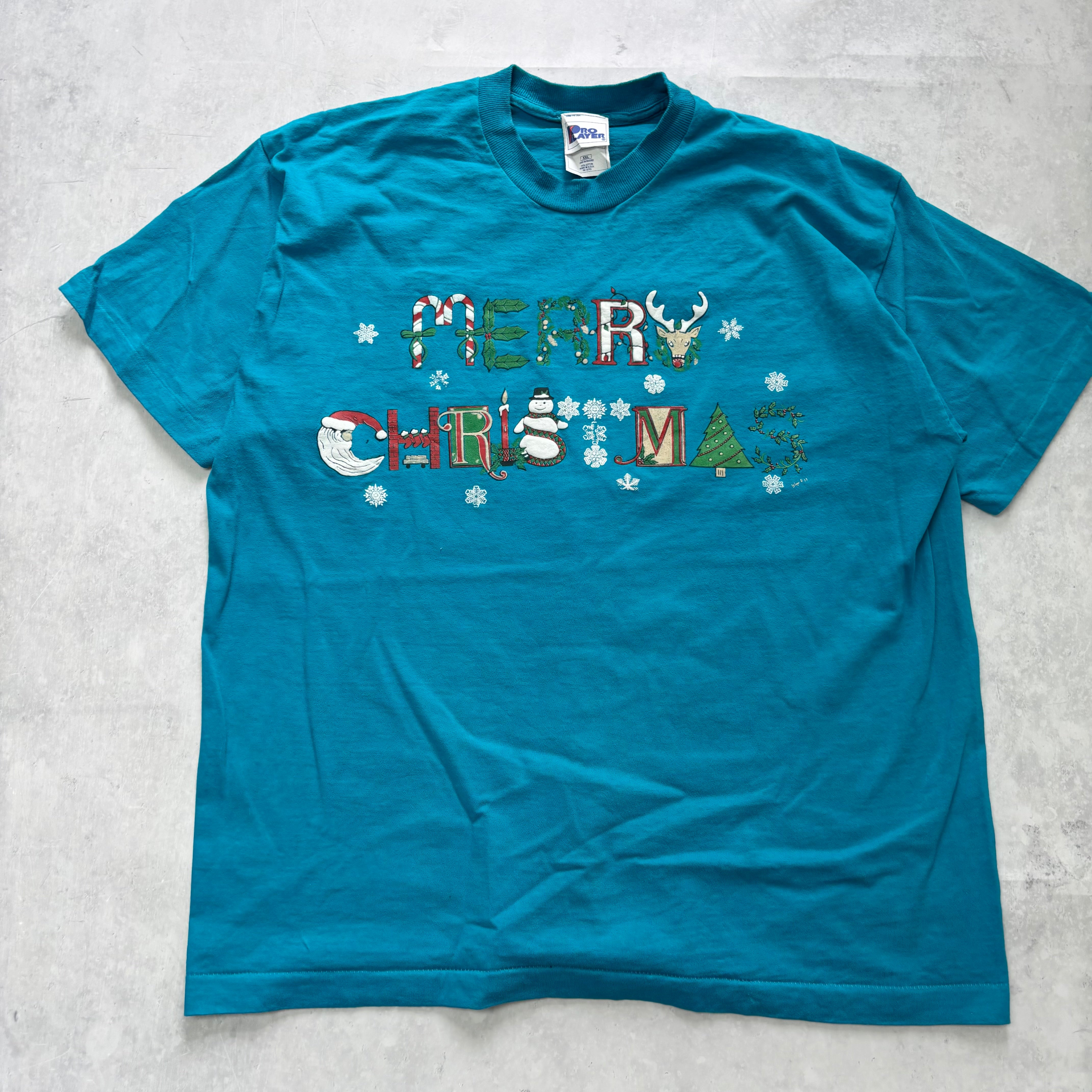 Vintage T Shirt Mens XXL Blue Single Stitch Graphic Print 90s Xmas (E)