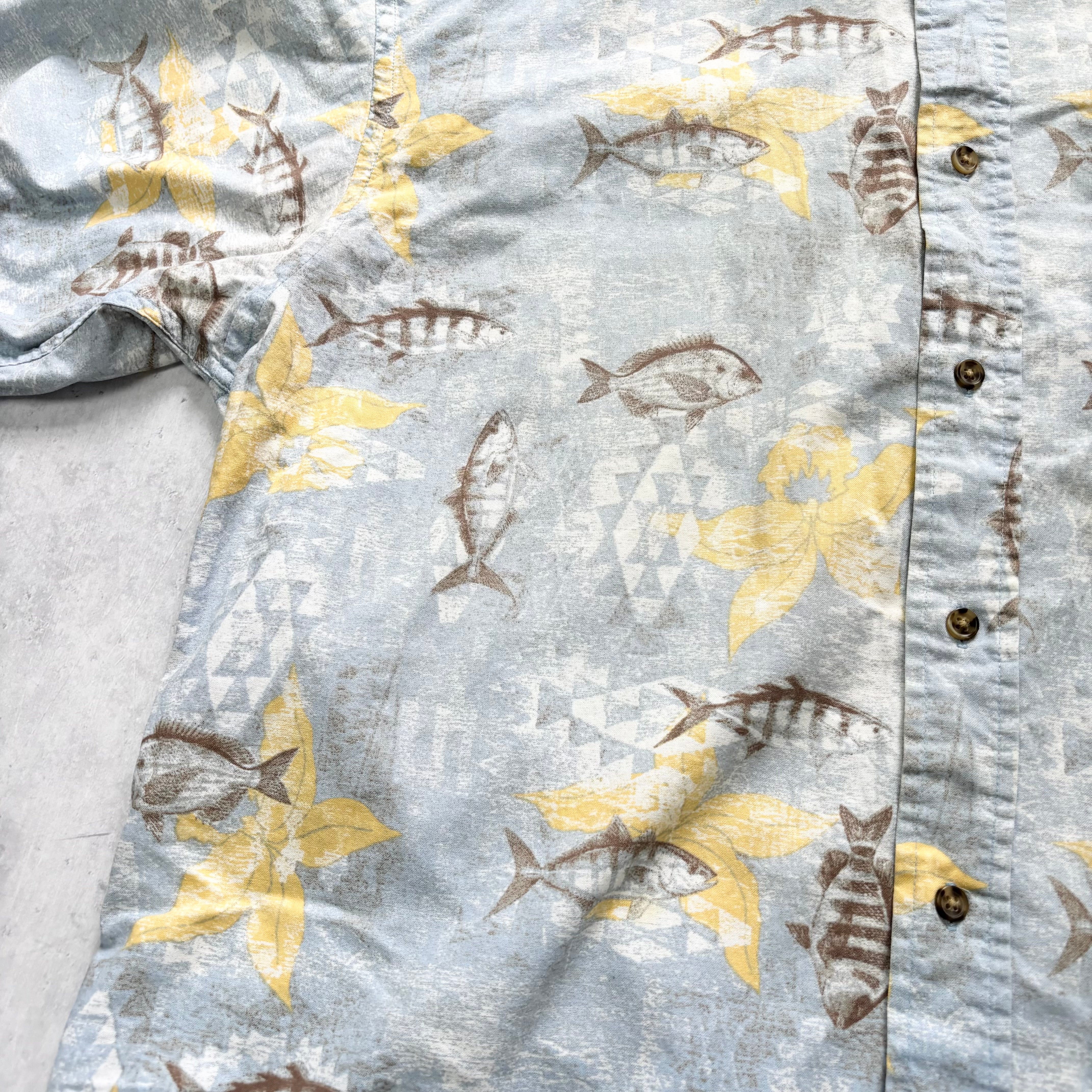 Vintage Hawaiian Shirt Mens Large Blue Yellow Floral Aloha Short Sleeve Rayon (E)