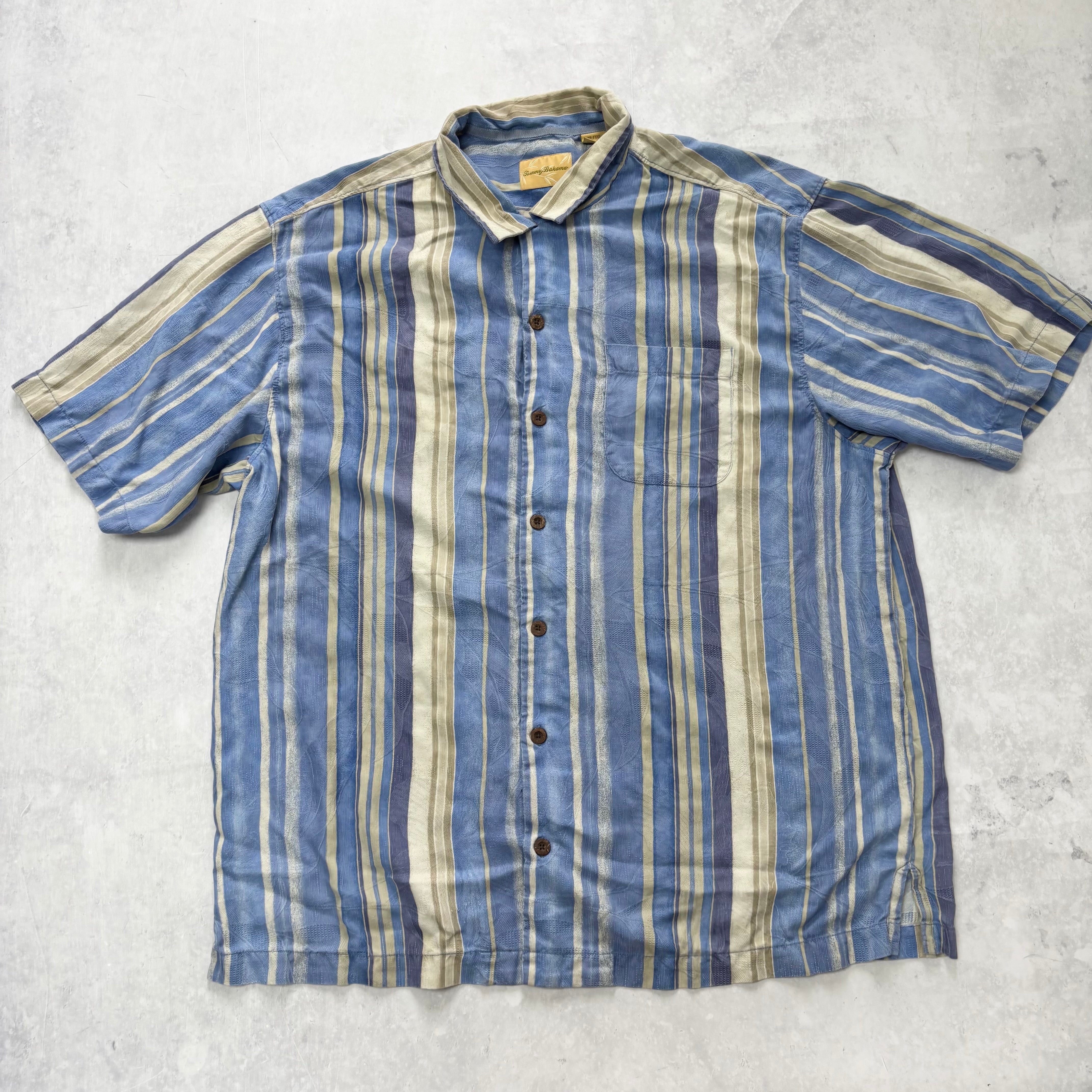 Vintage Tommy Bahama Shirt Mens XL Blue Striped Short Sleeve Silk