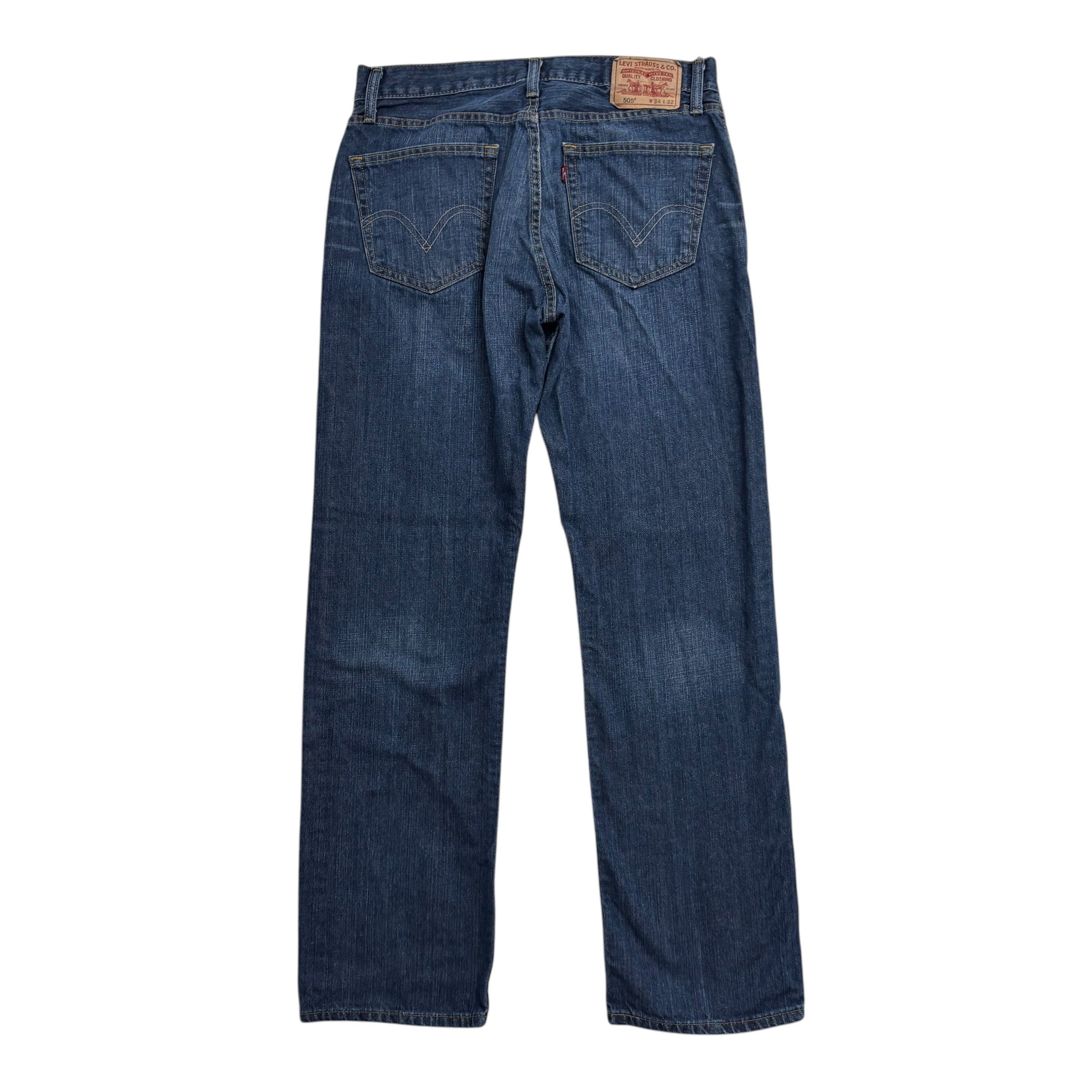 Levis 505 Jeans W34 L32 Mens Dark Blue Regular Straight Fit Vintage Denim (E)