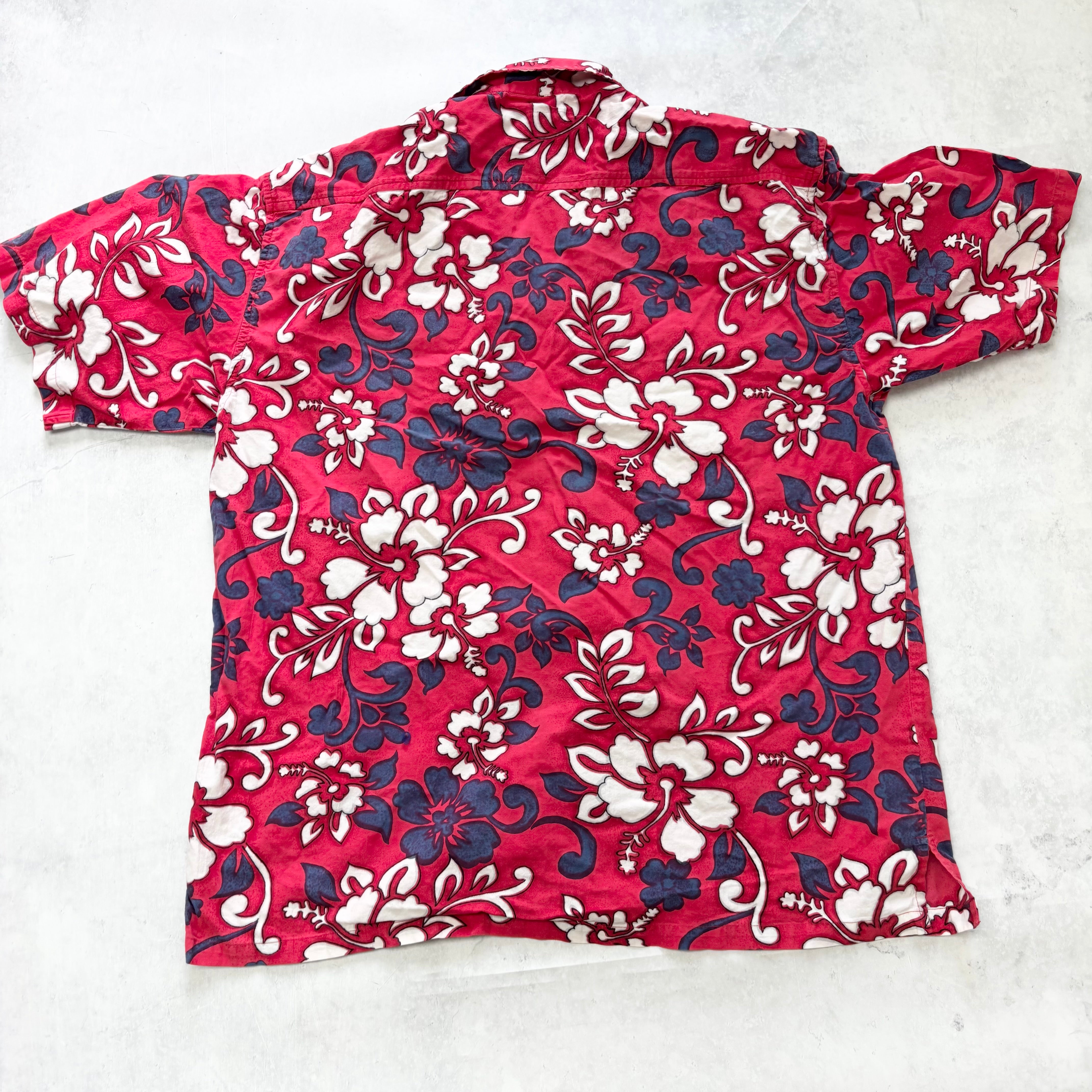 Hawaiian Shirt Mens XL Red Floral Aloha Short Sleeve Cotton Funky (E)