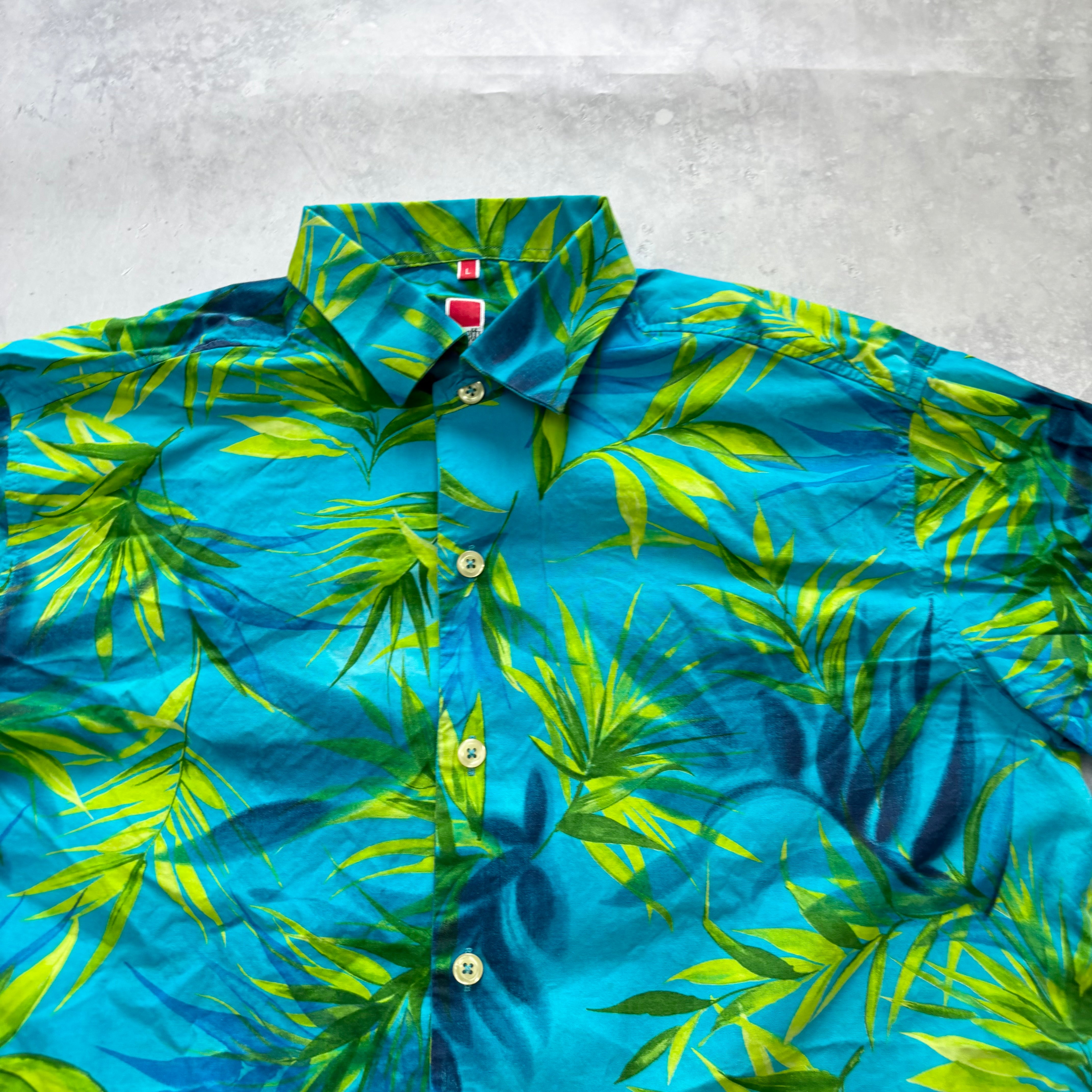 Vintage Hawaiian Shirt Mens Large Blue Floral Aloha Short Sleeve Cotton (E)