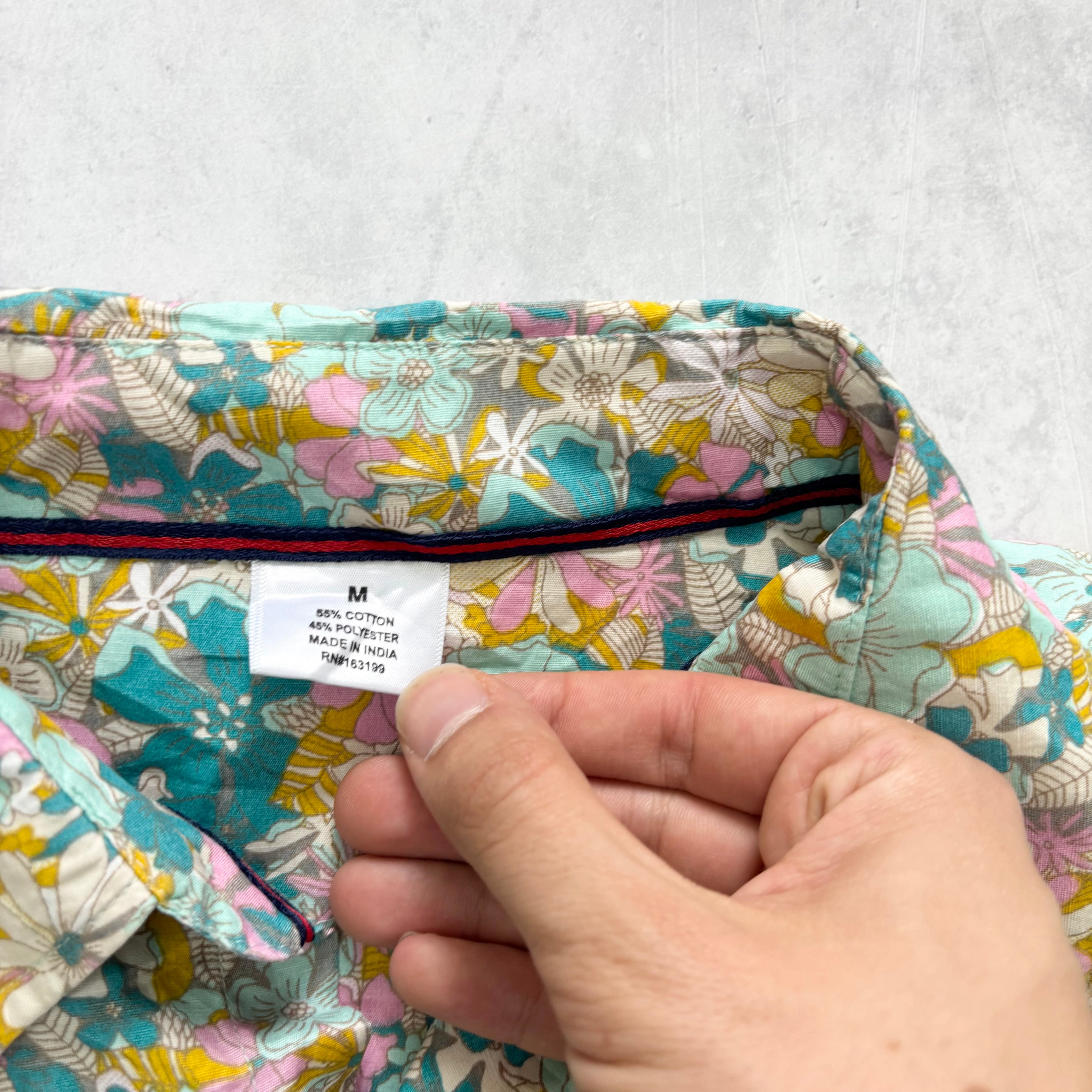 Hawaiian Shirt Mens Small Pink Blue Floral Aloha Short Sleeve Cotton Blend (E)