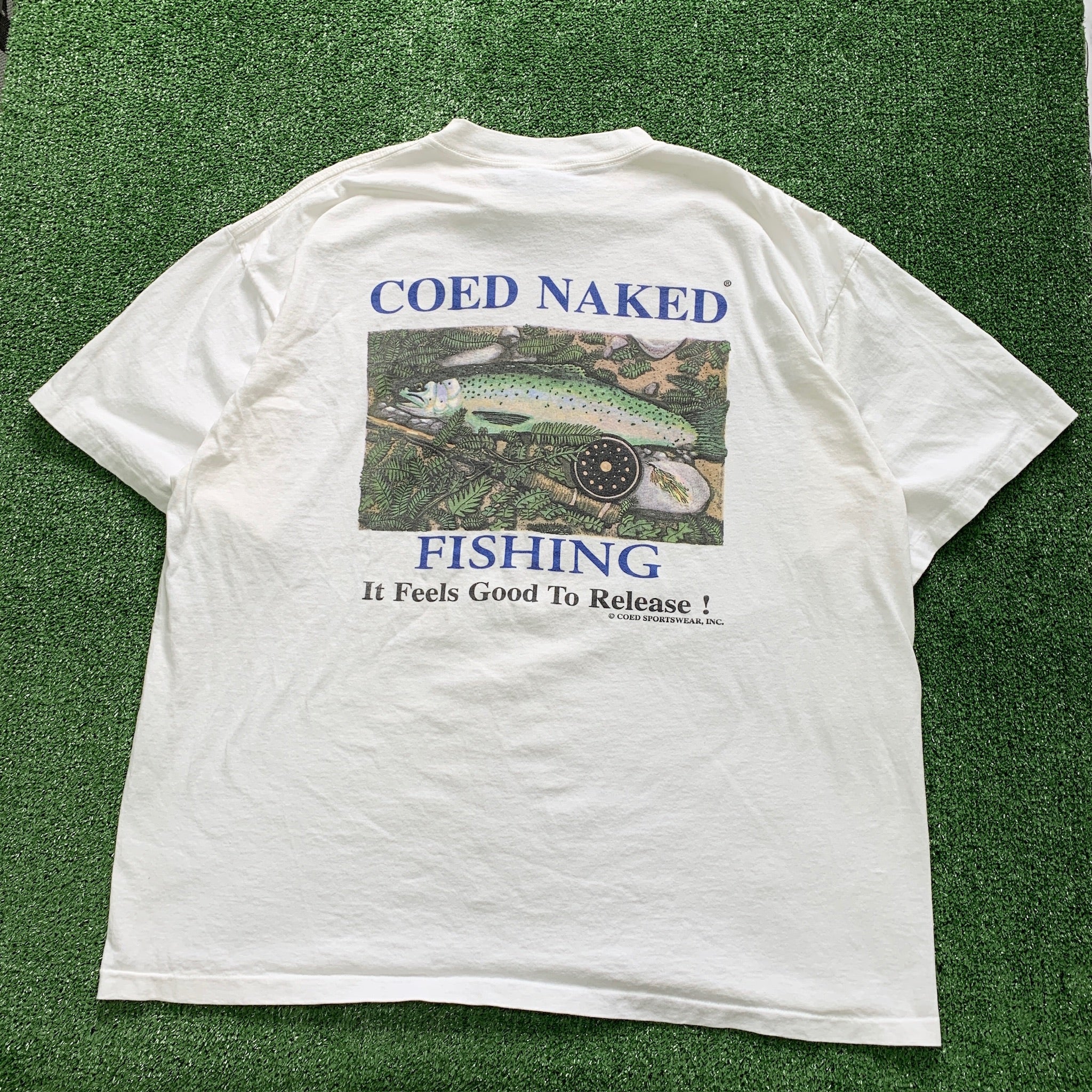 Vintage T Shirt Mens XXL White Single Stitch Graphic Print 90s Funny Fishing