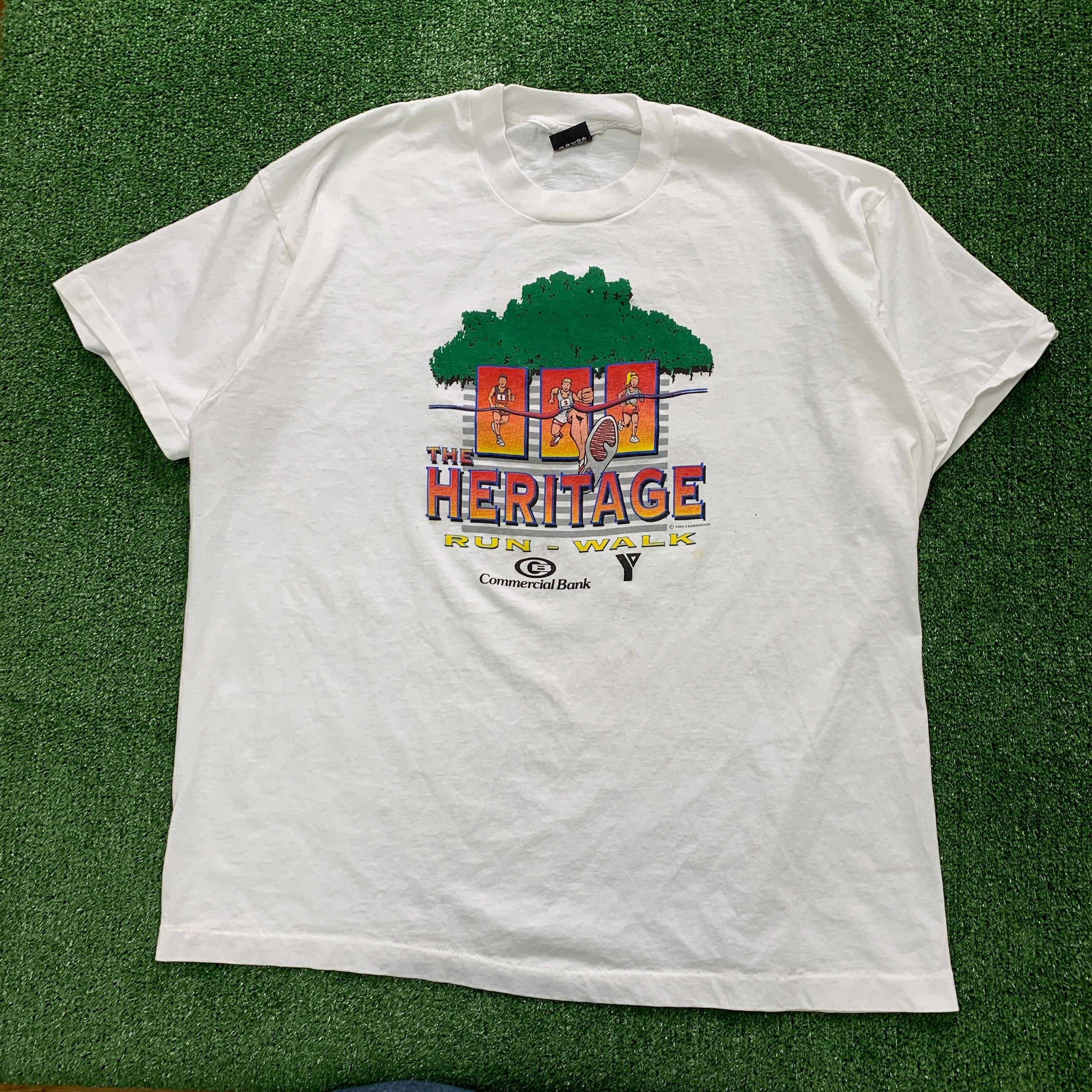 Vintage T Shirt Mens XXL White Single Stitch Graphic Print 90s USA Run Race