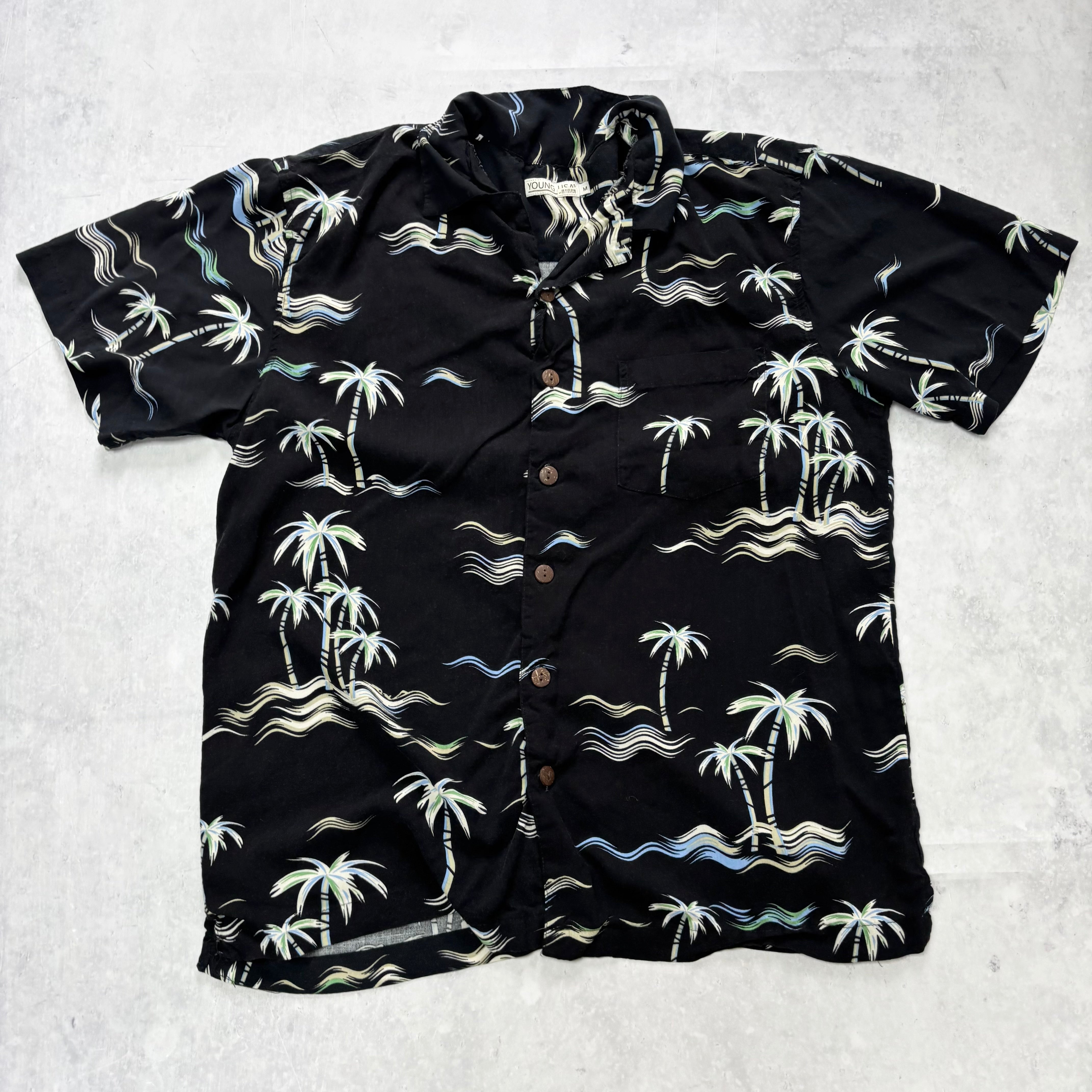 Vintage Hawaiian Shirt Mens Medium Black Aloha Floral Short Sleeve Rayon (E)