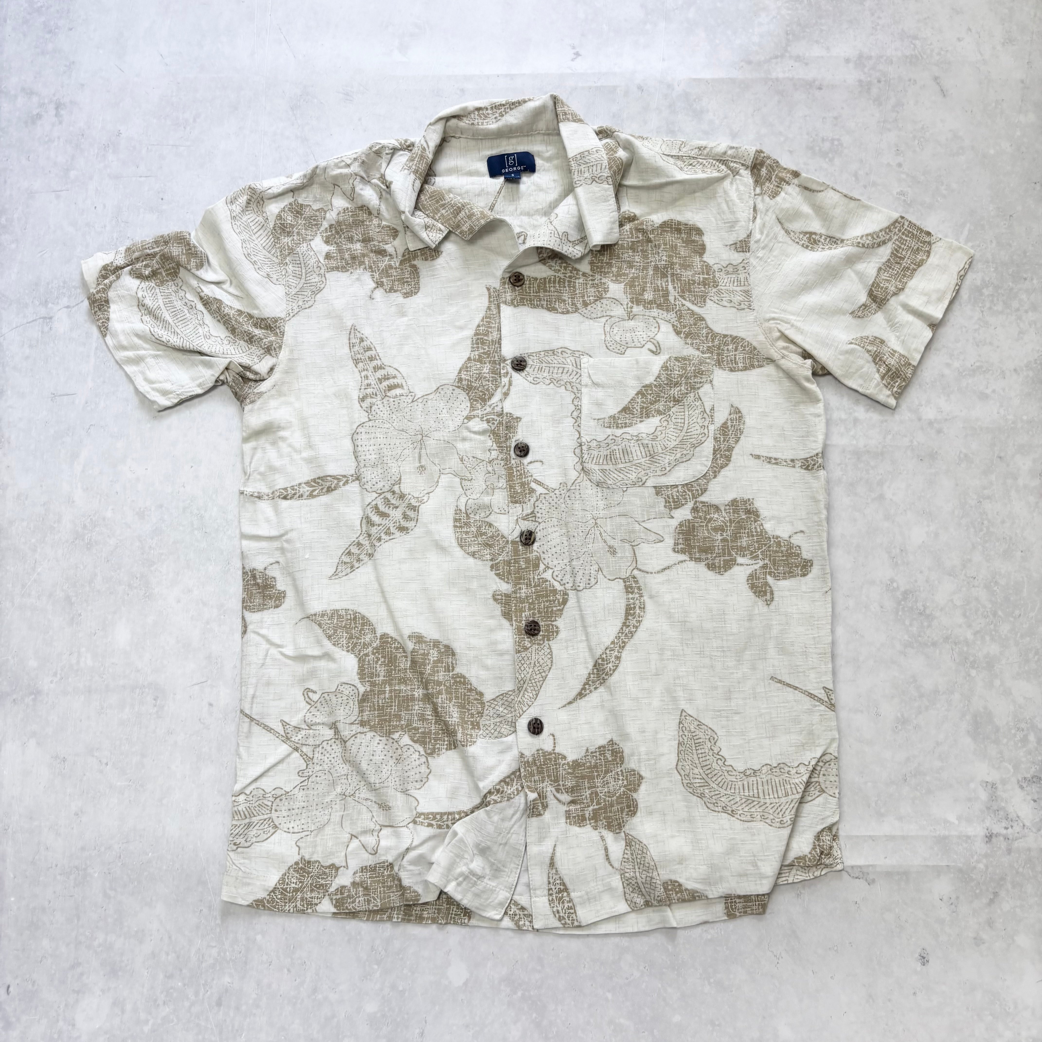 George Hawaiian Shirt Mens Small Beige Floral Aloha Short Sleeve (E)