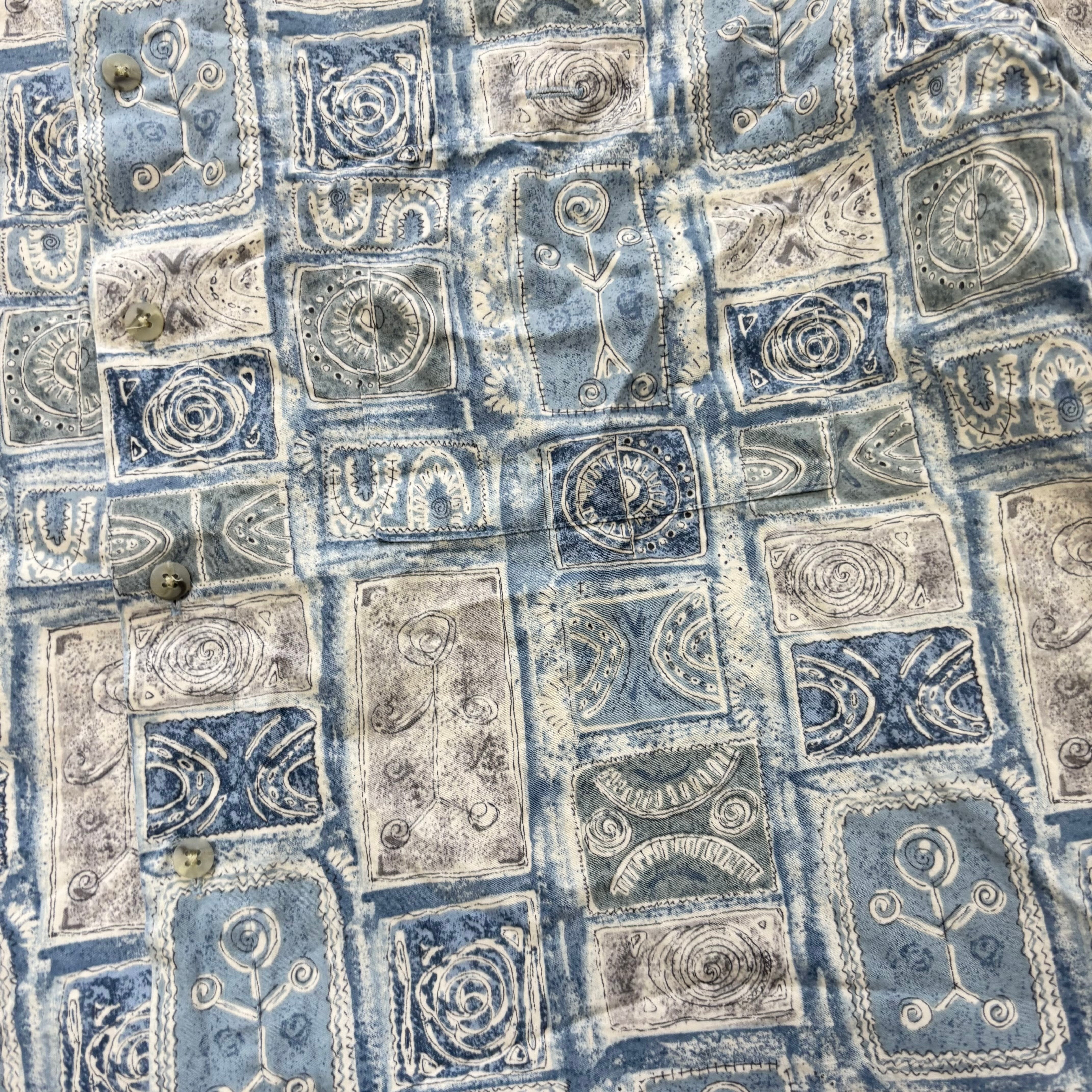 Vintage Hawaiian Shirt Mens Large Blue Pattern Abstact Short Sleeve Rayon (E)