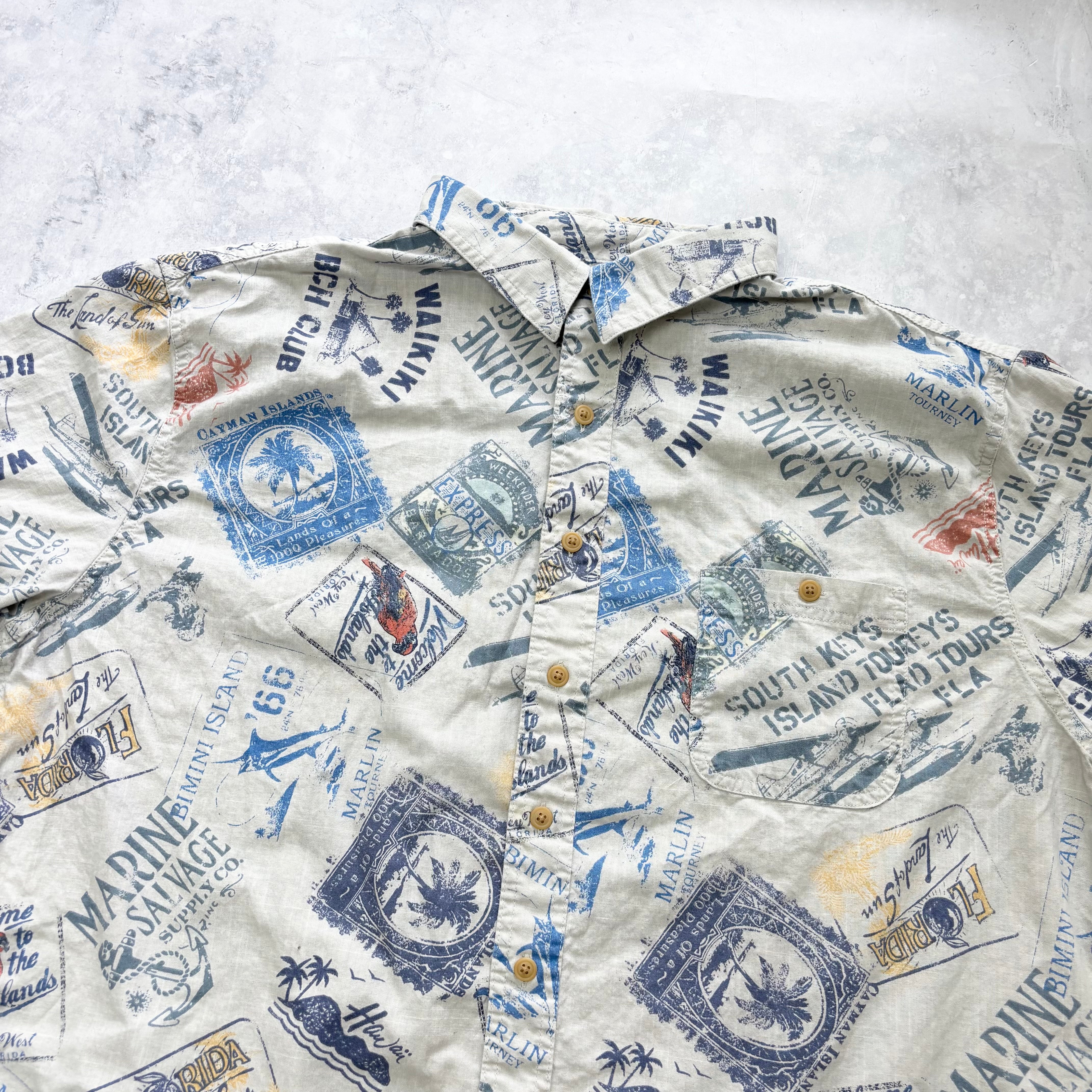 Hawaiian Shirt Mens XXL Grey Floral Aloha Short Sleeve Cotton Funky (E)