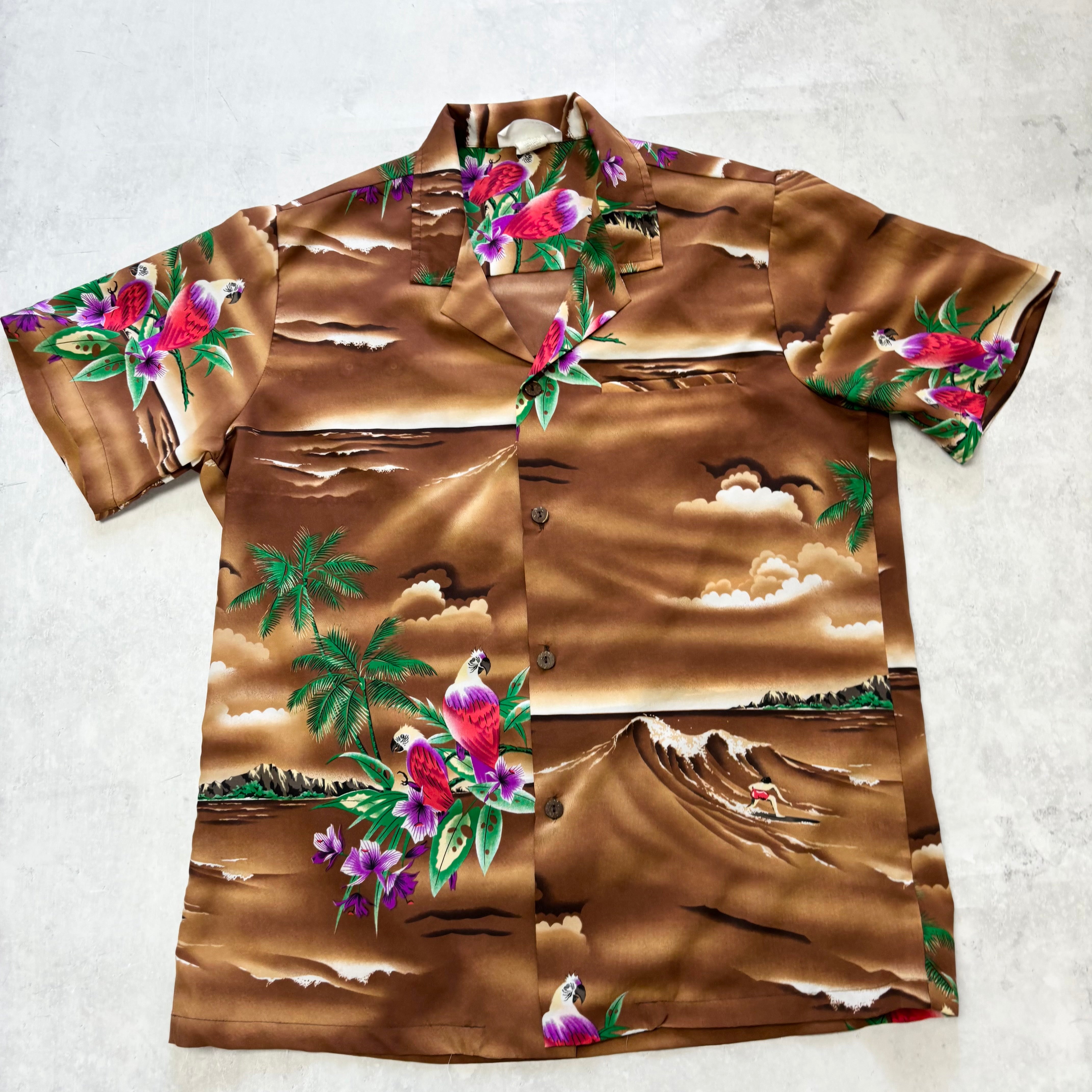 Vintage Hawaiian Shirt Mens Medium Brown Floral Aloha Short Sleeve Polyester