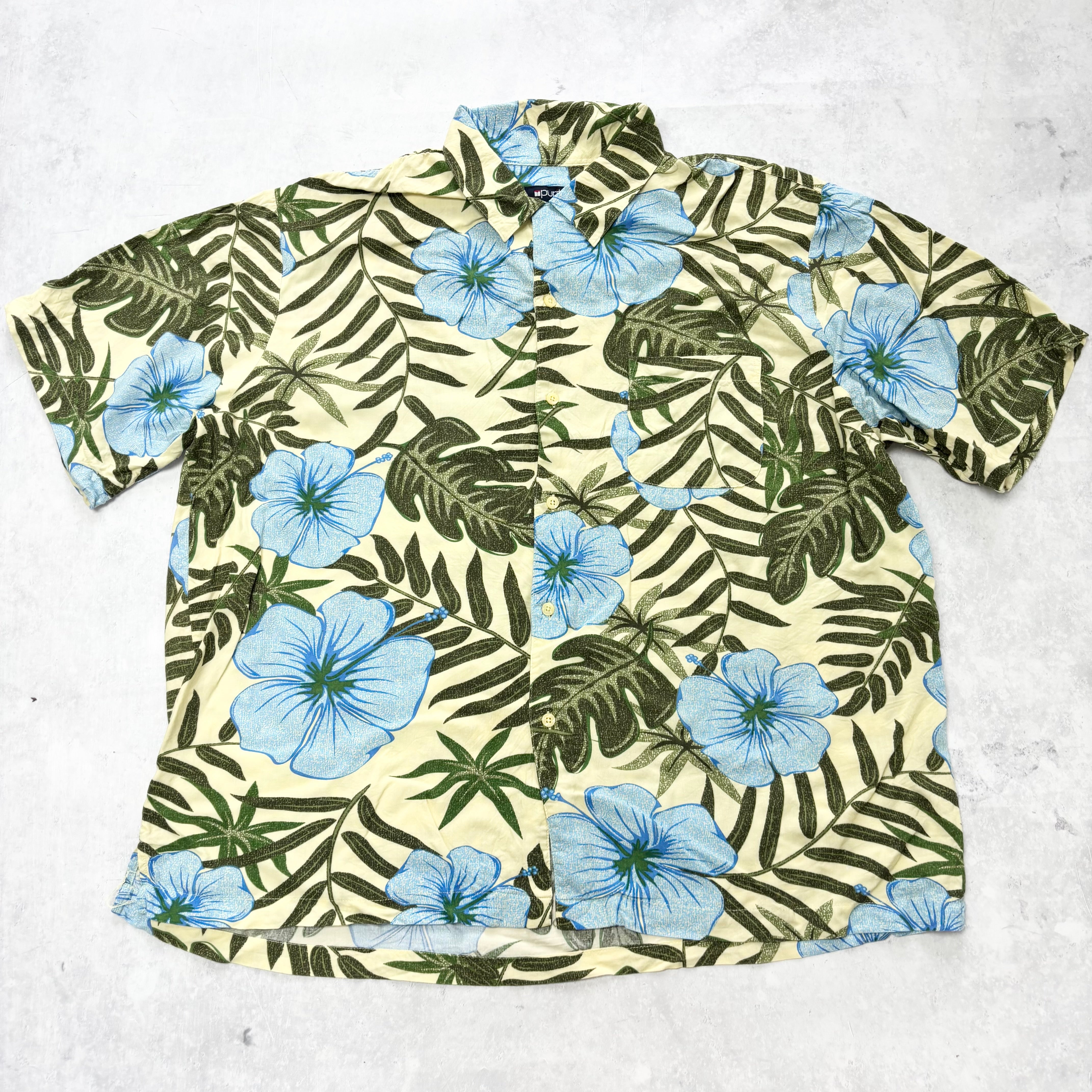 Vintage Hawaiian Shirt Mens XXL Blue Yellow Floral Aloha Short Sleeve Rayon (E)