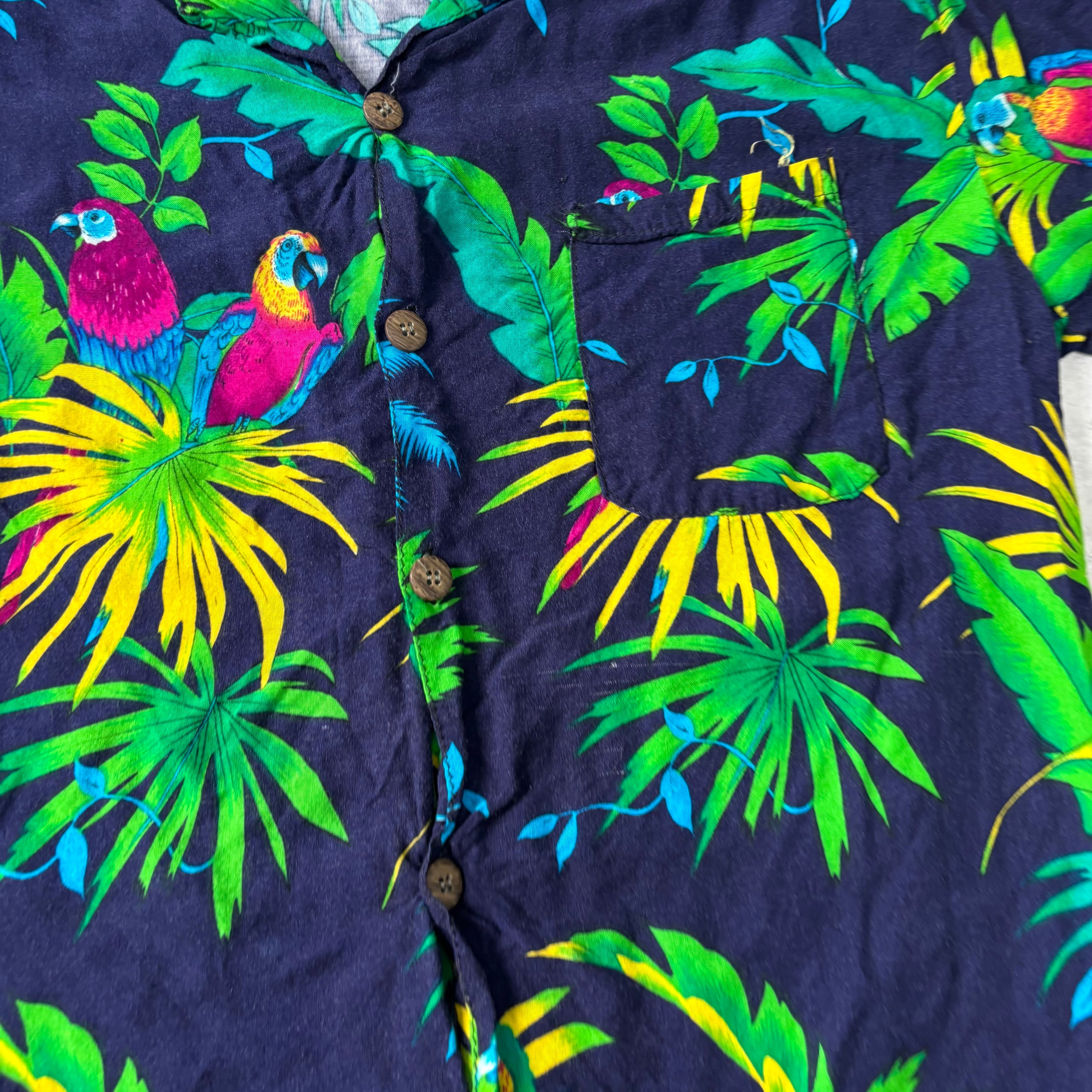 Hawaiian Shirt Mens Small Navy Blue Short Sleeve Rayon (E)