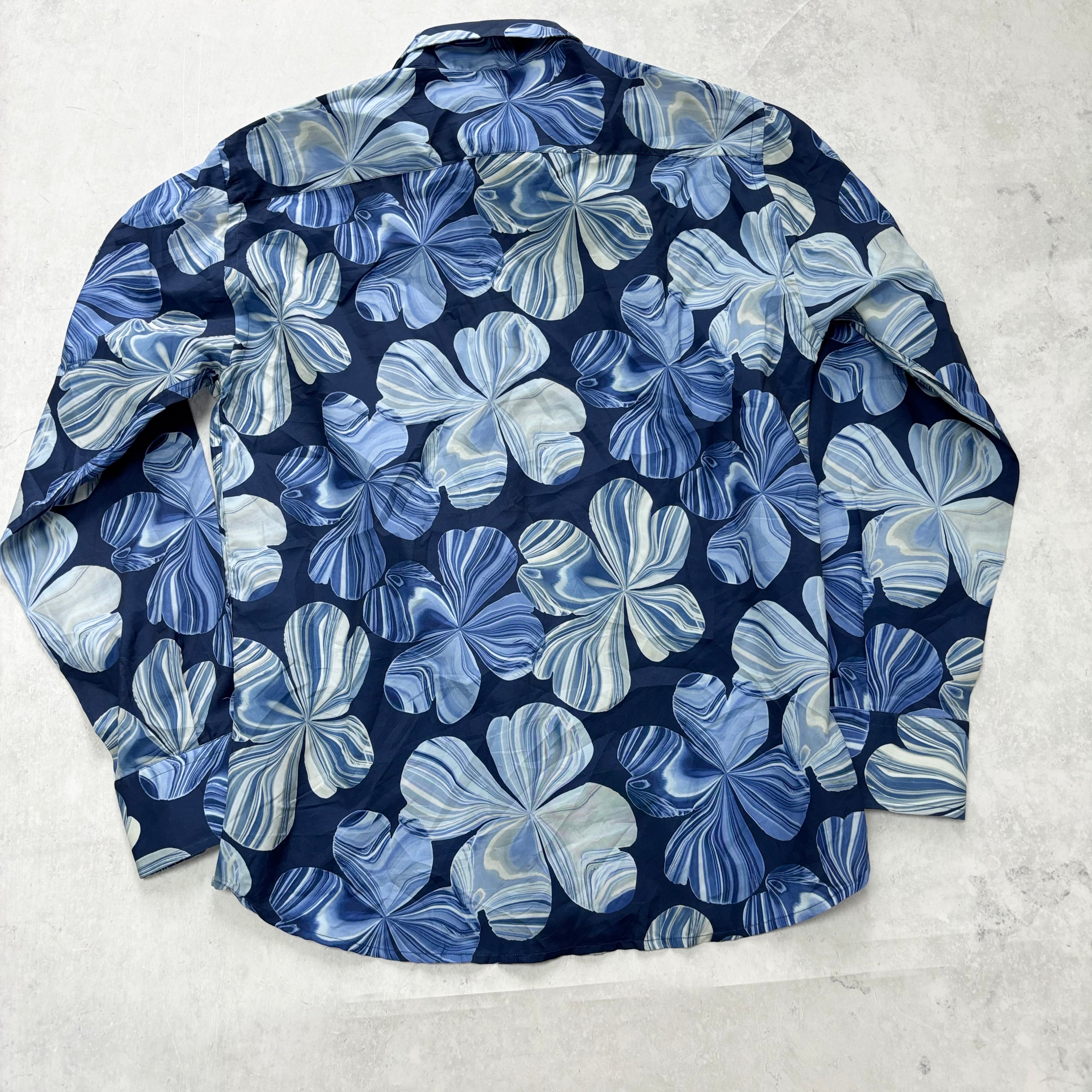 Hawaiian Shirt Mens Large Blue Floral Aloha Long Sleeve Polyester (E)