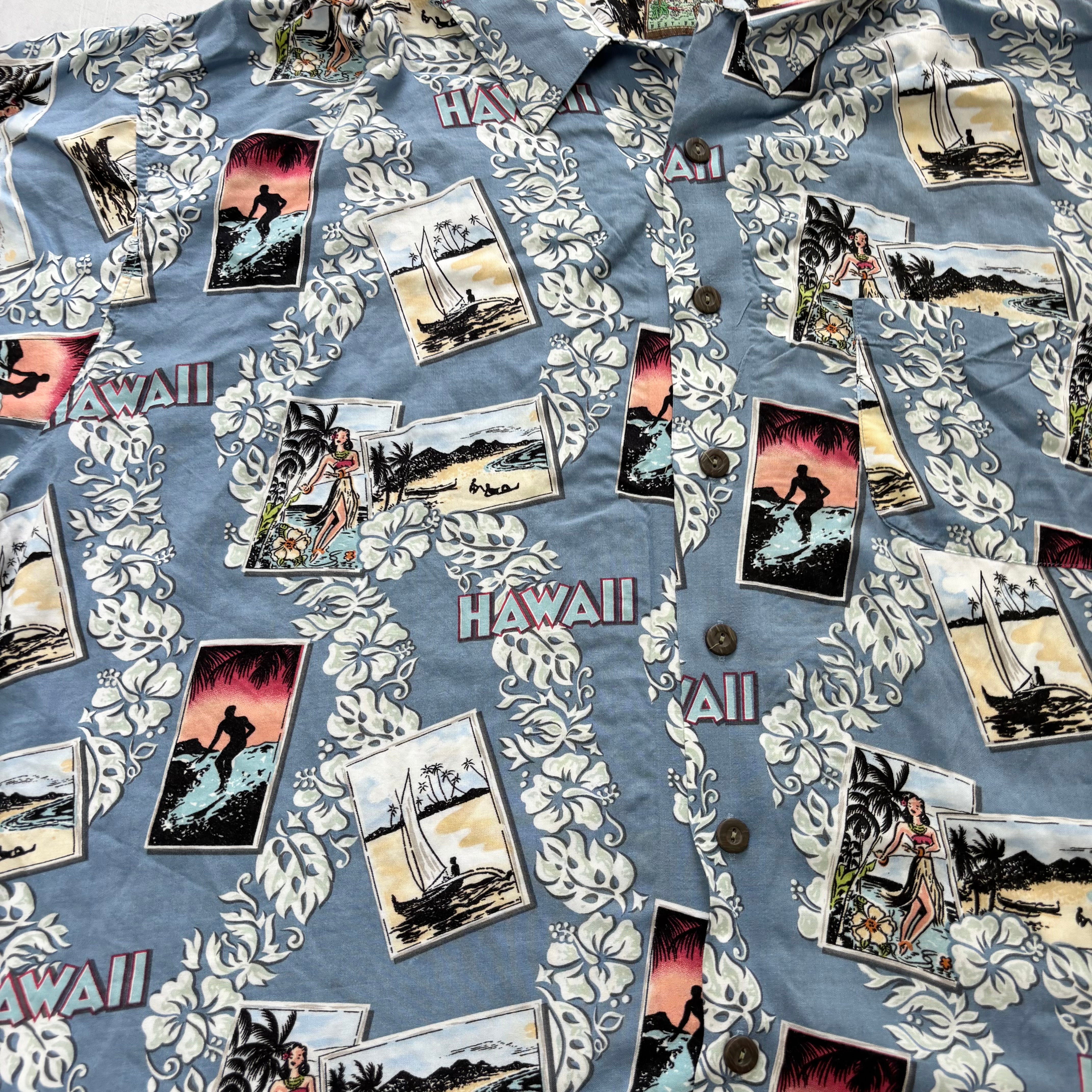 Vintage Hawaiian Shirt Mens 3XL Blue Floral Aloha Short Sleeve Rayon (E)