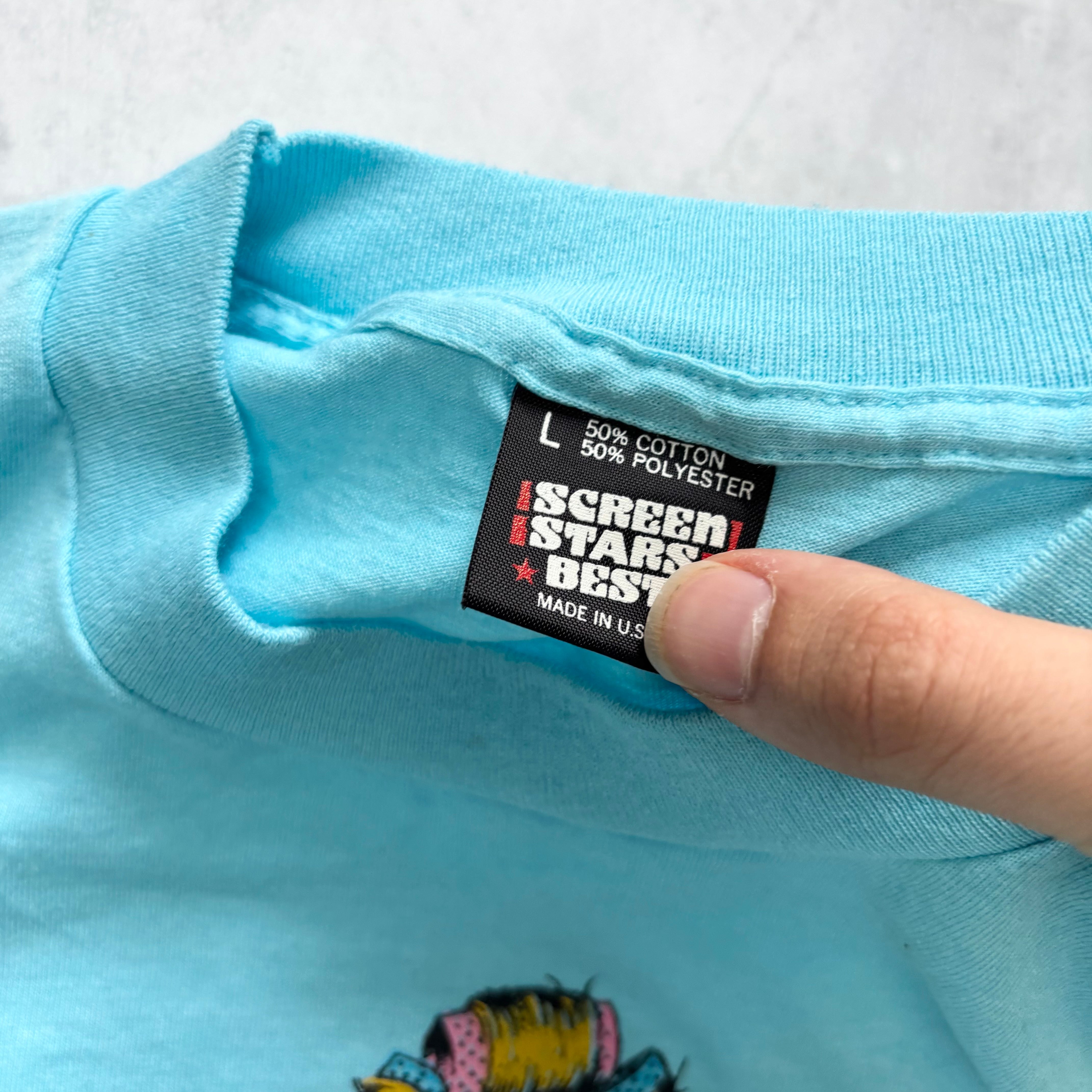 Vintage T Shirt Mens Medium Blue Single Stitch Graphic Print 90s