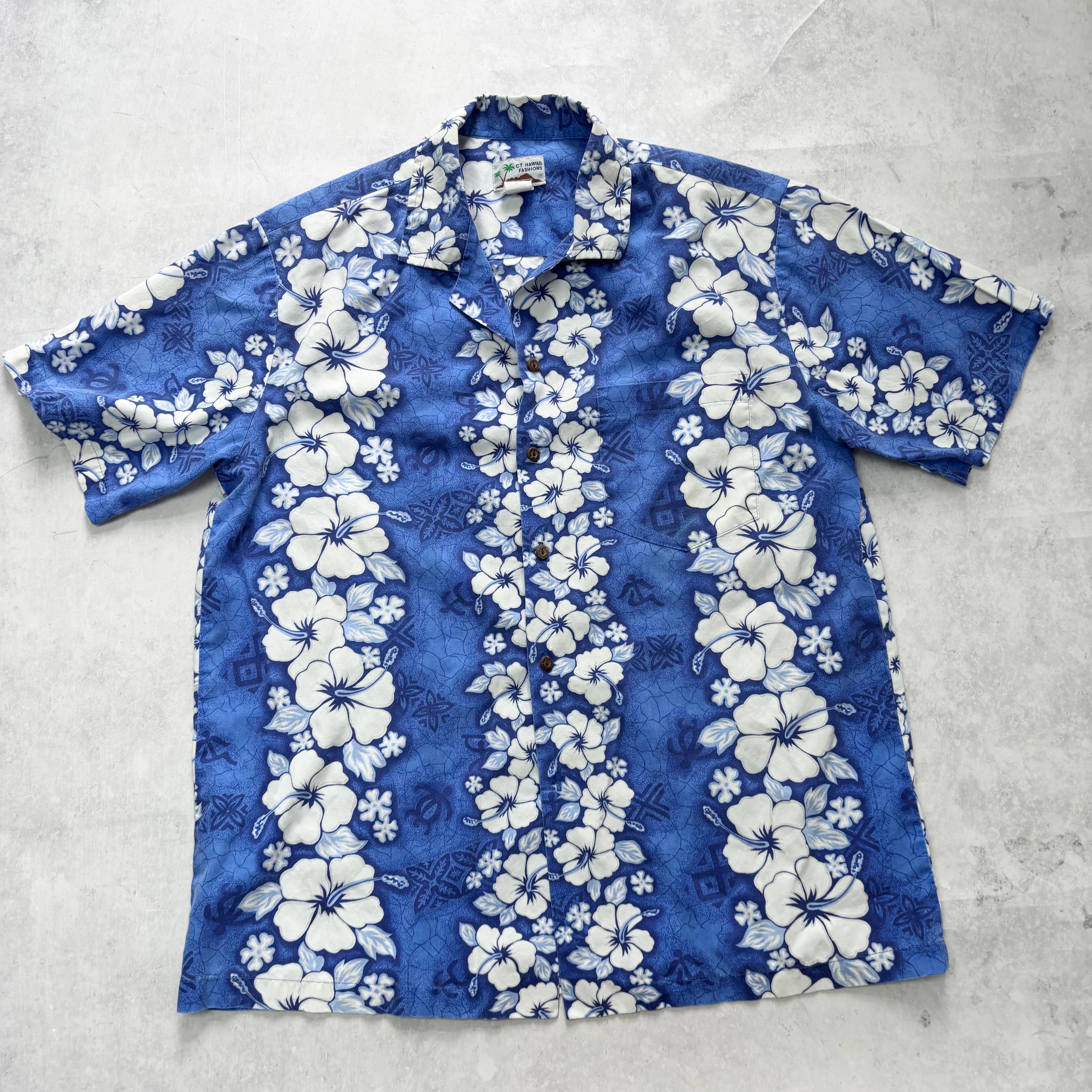 Vintage Hawaiian Shirt Mens Large Blue Floral Aloha Short Sleeve Cotton