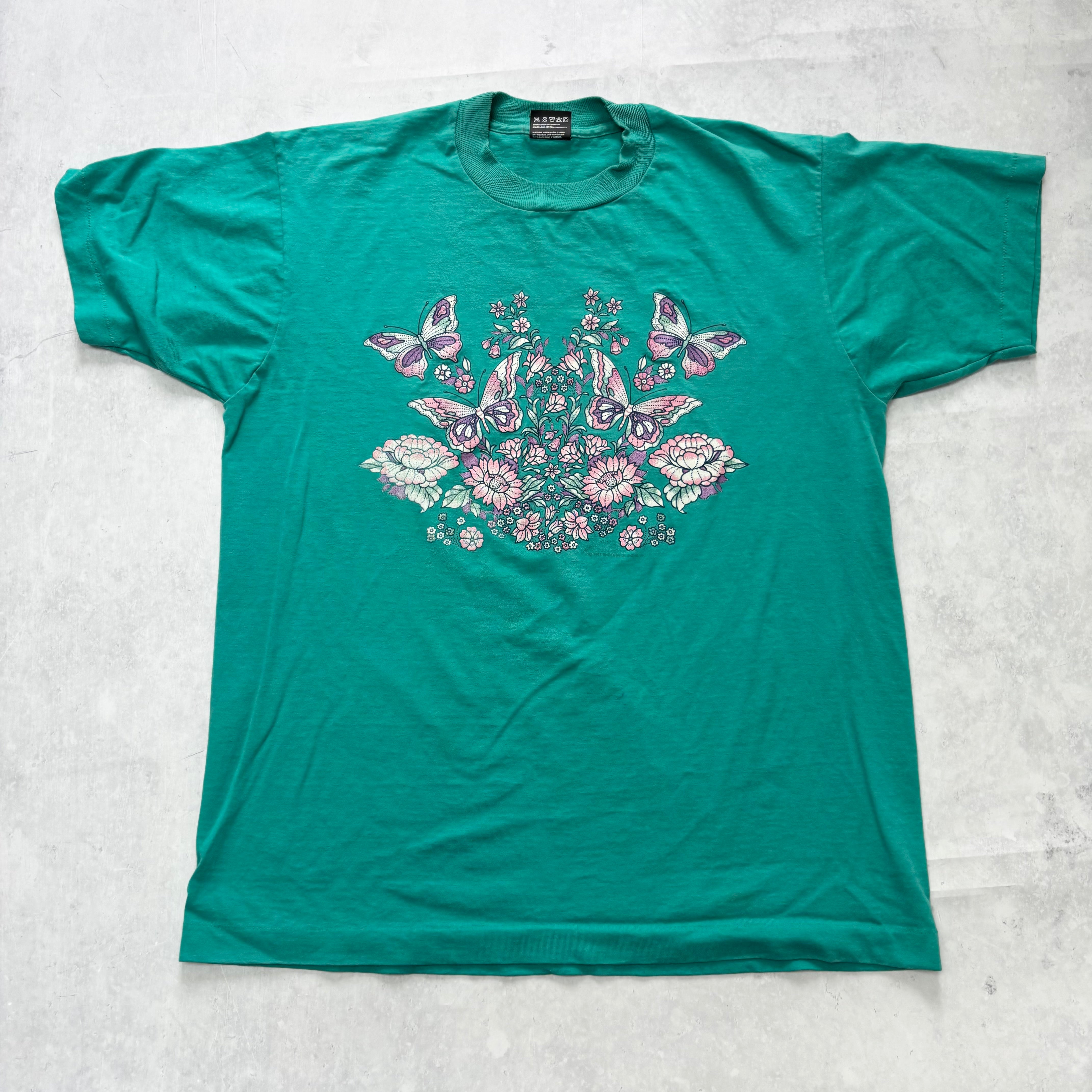 Vintage T Shirt Mens Medium Teal Green Single Stitch Graphic Print 90s Flowers