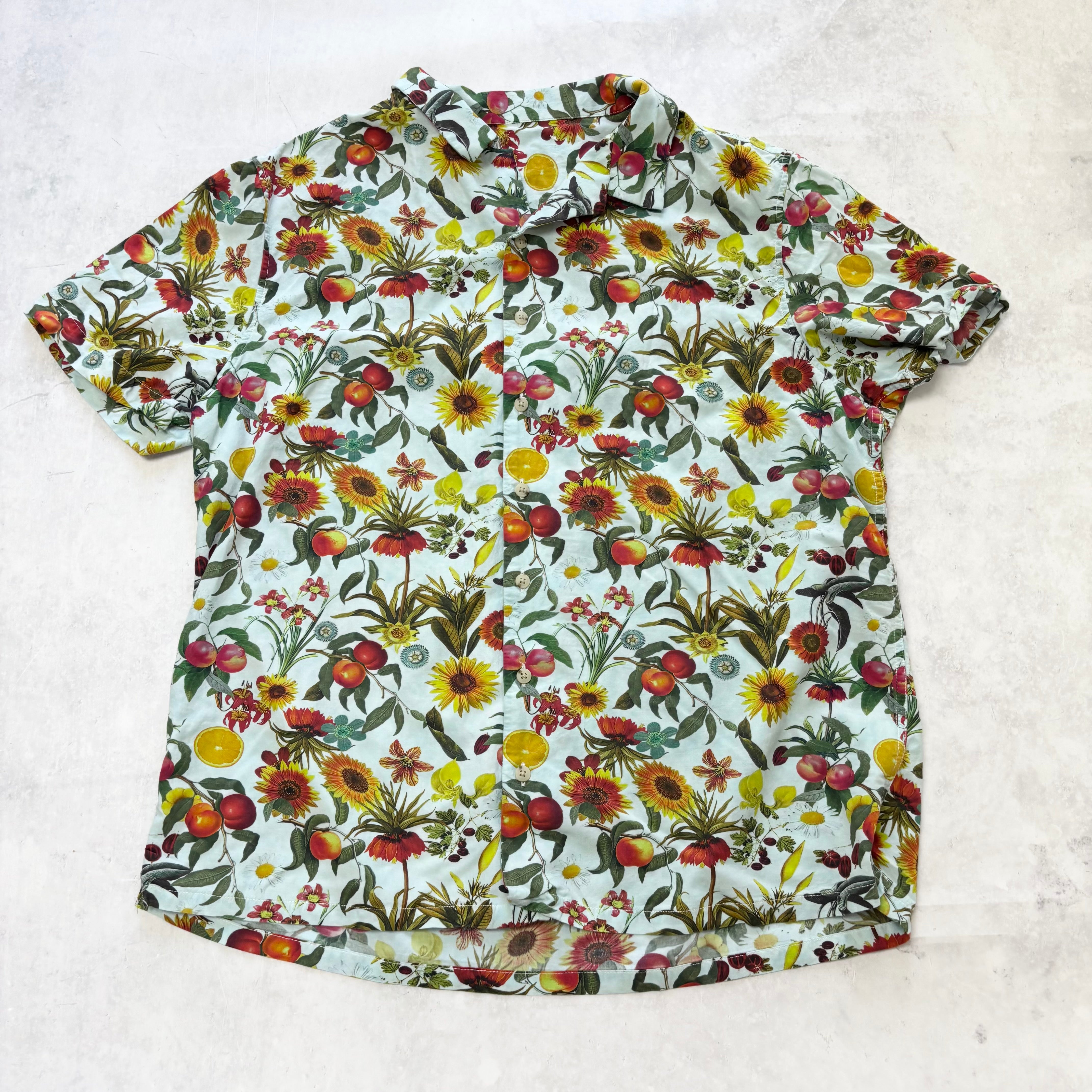 Hawaiian Shirt Mens Large Blue Floral Aloha Short Sleeve Viscose Blend (E)