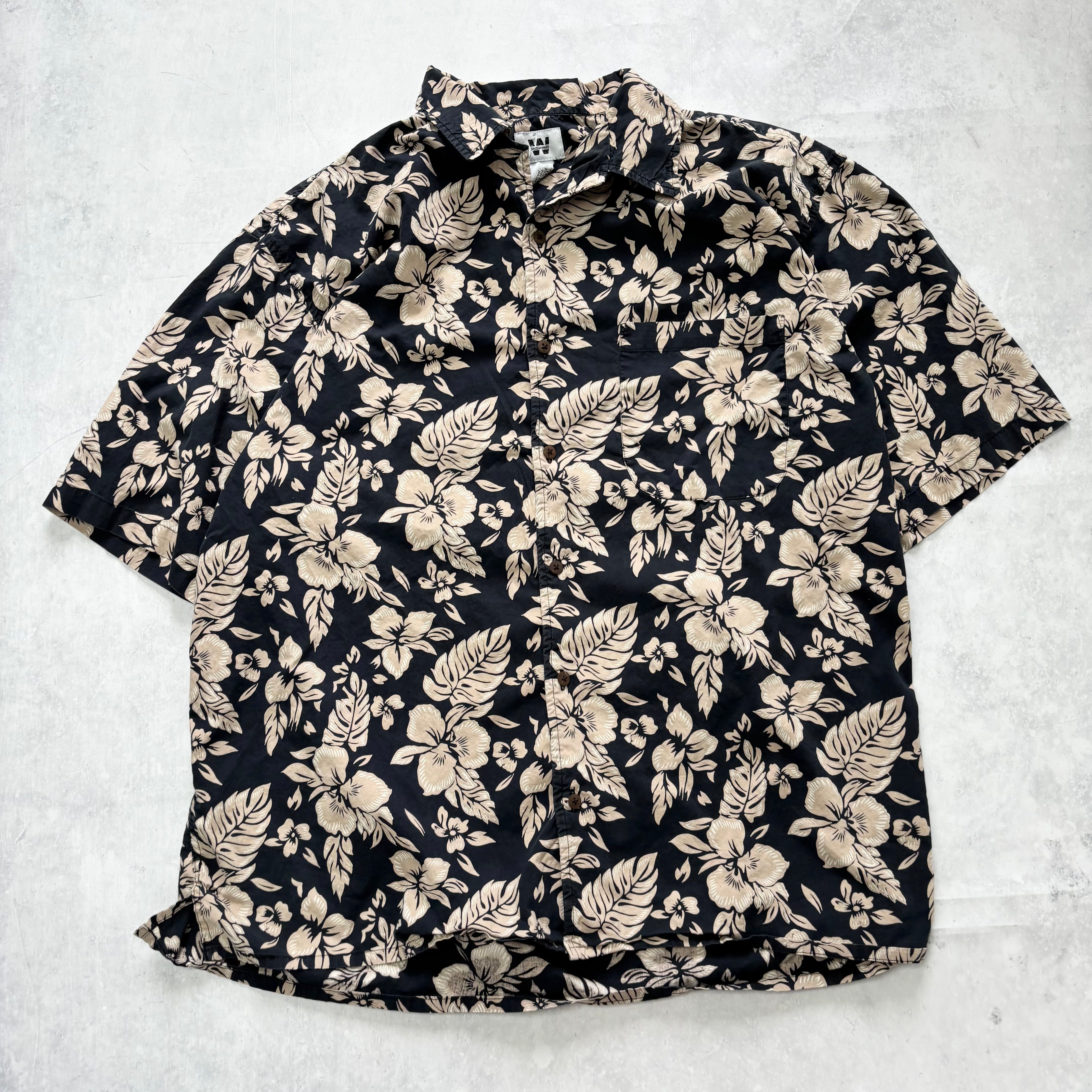 Vintage Hawaiian Shirt Mens Large Navy Floral Aloha Short Sleeve Cotton (E)