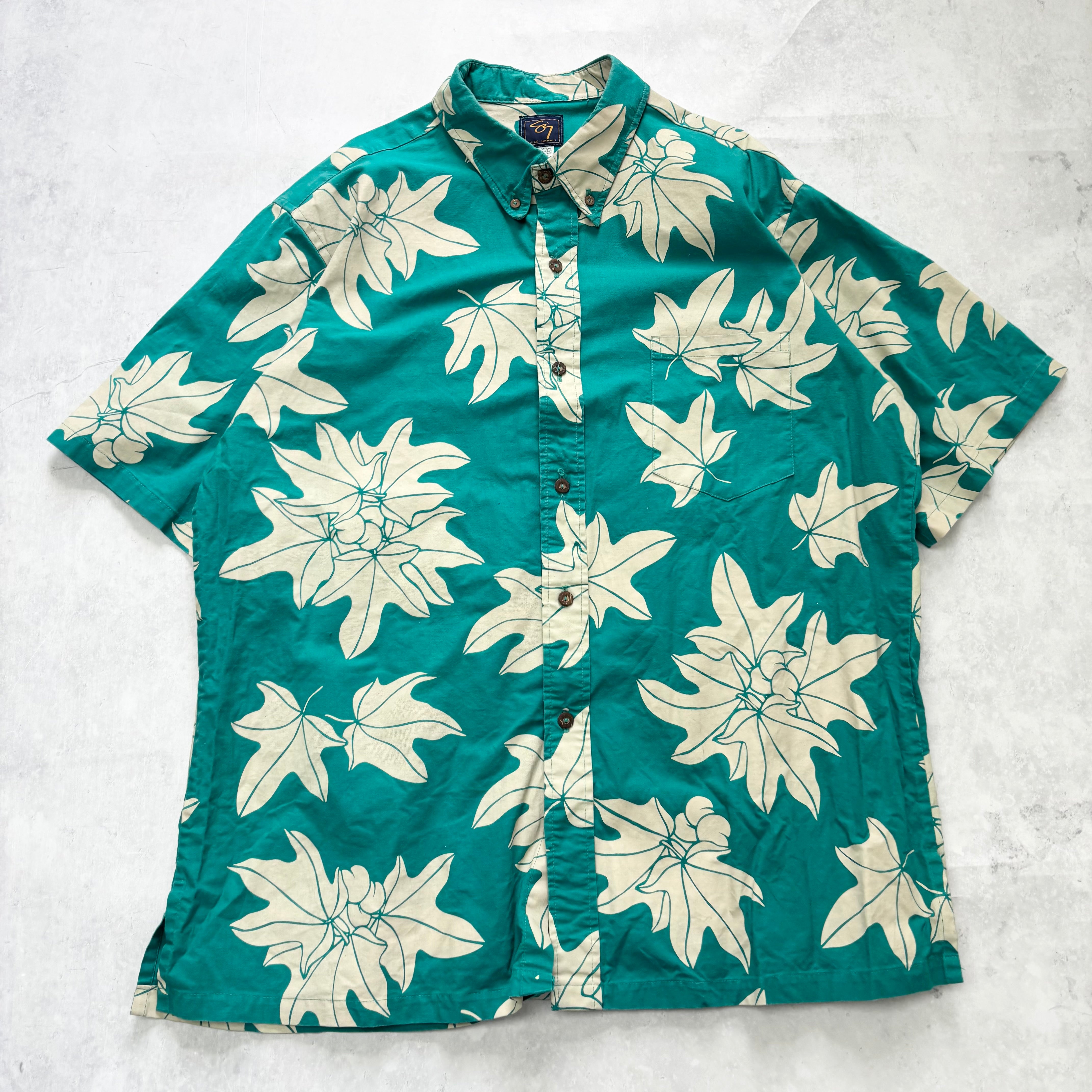 Vintage Hawaiian Shirt Mens XL Green Floral Aloha Short Sleeve Cotton (E)