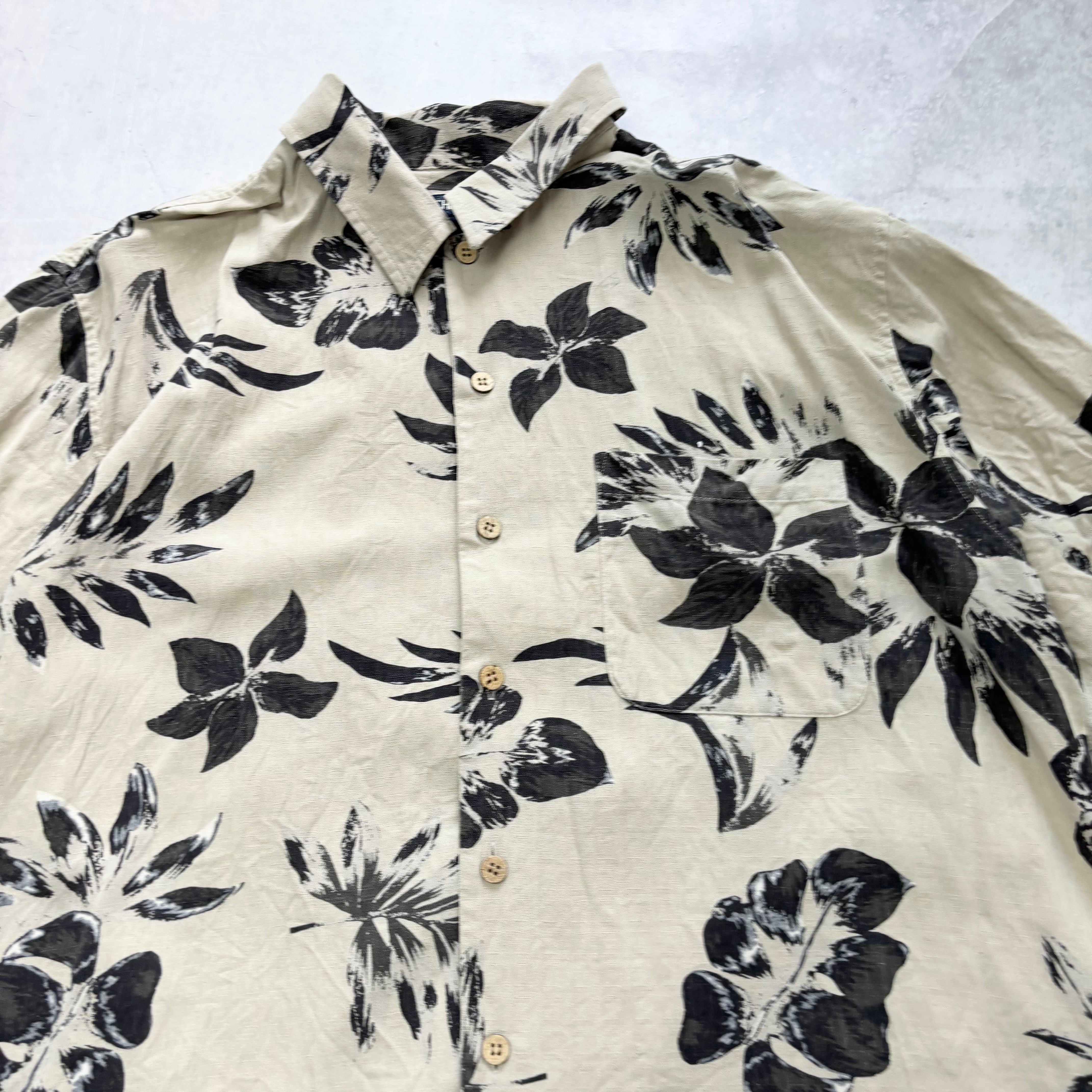 Vintage Hawaiian Shirt Mens Large Beige Silk Floral Aloha Short Sleeve (E)