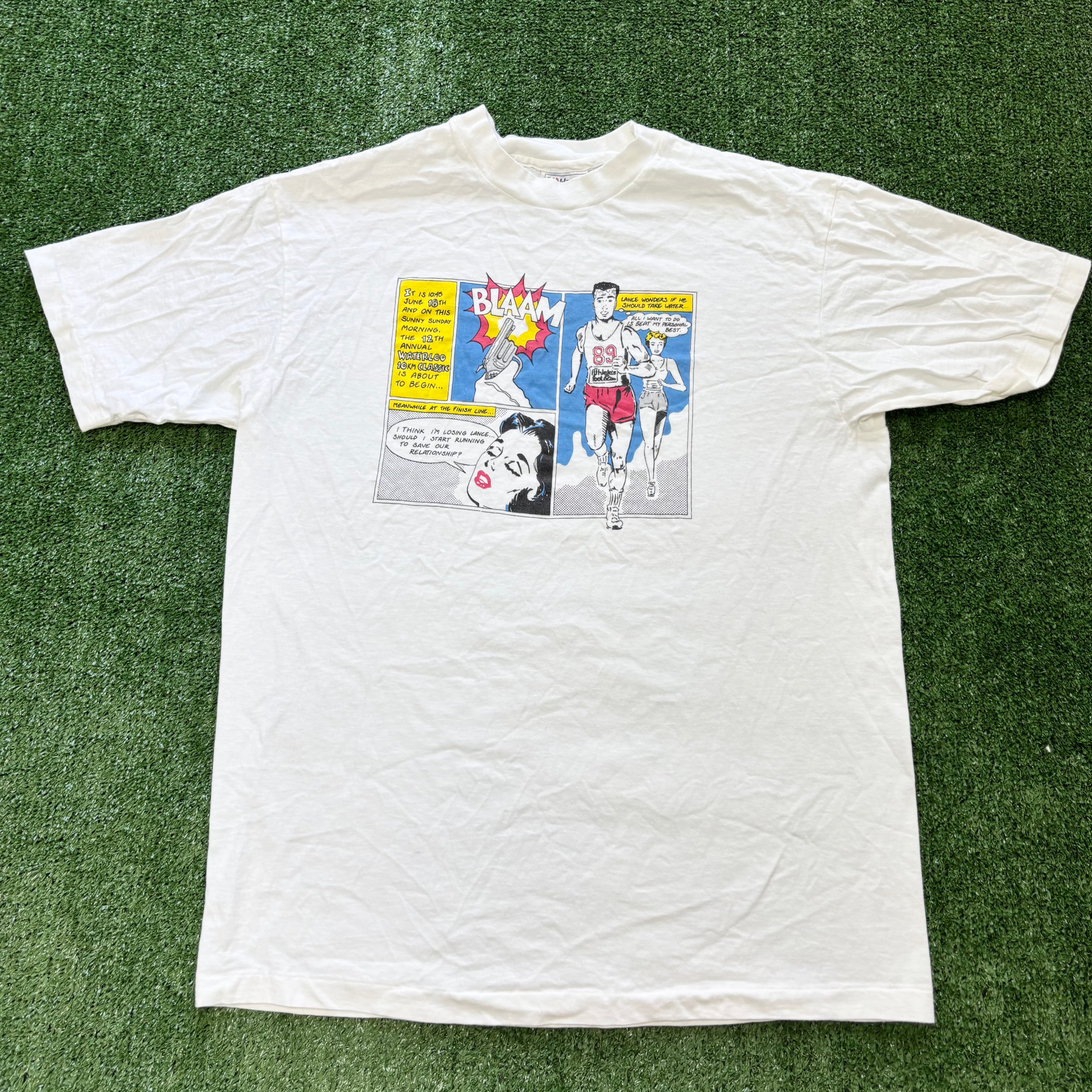 Vintage T Shirt Mens Medium White Single Stitch Graphic Print 90s Run Race (E)
