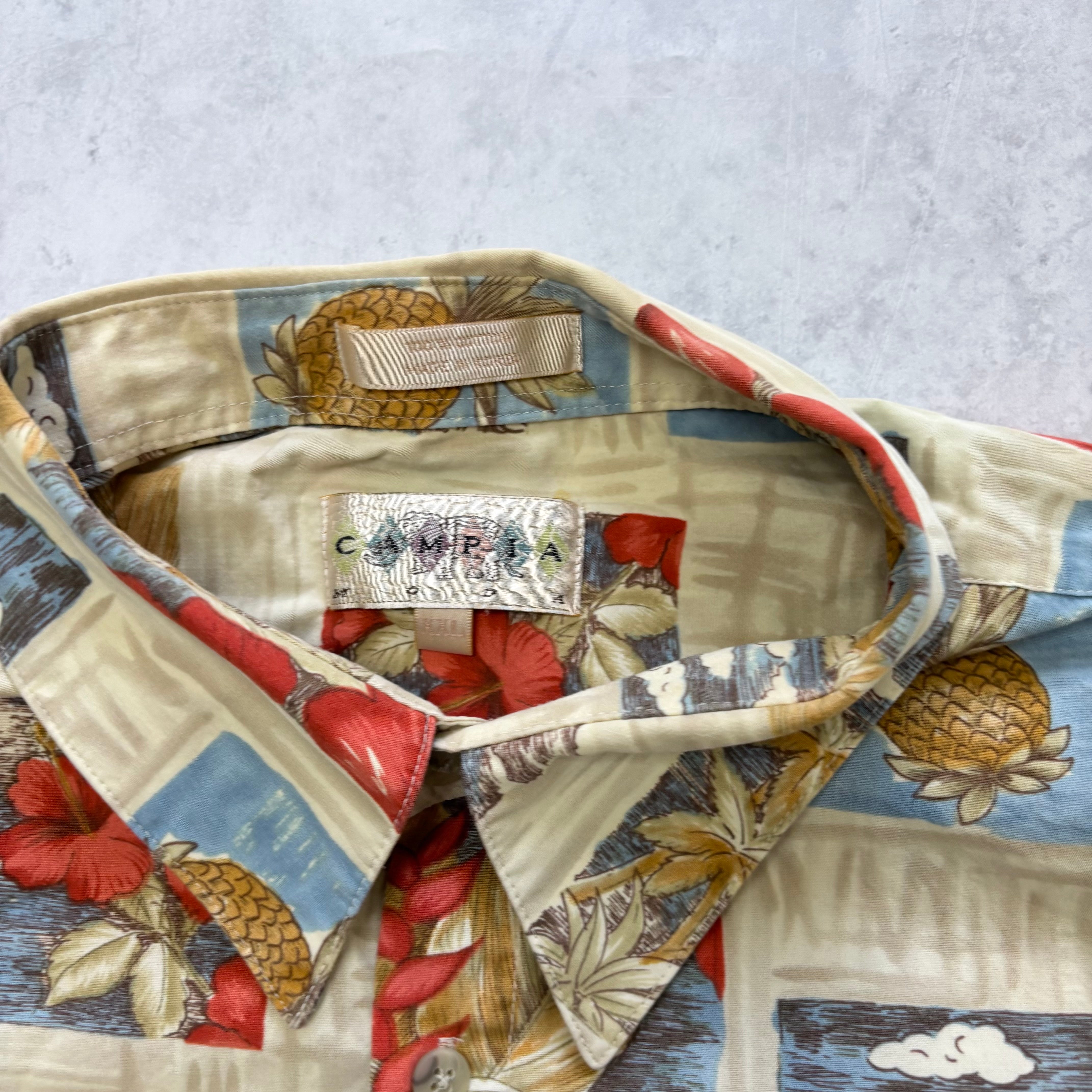 Vintage Hawaiian Shirt Mens XXL Beige Floral Aloha Short Sleeve Rayon (E)