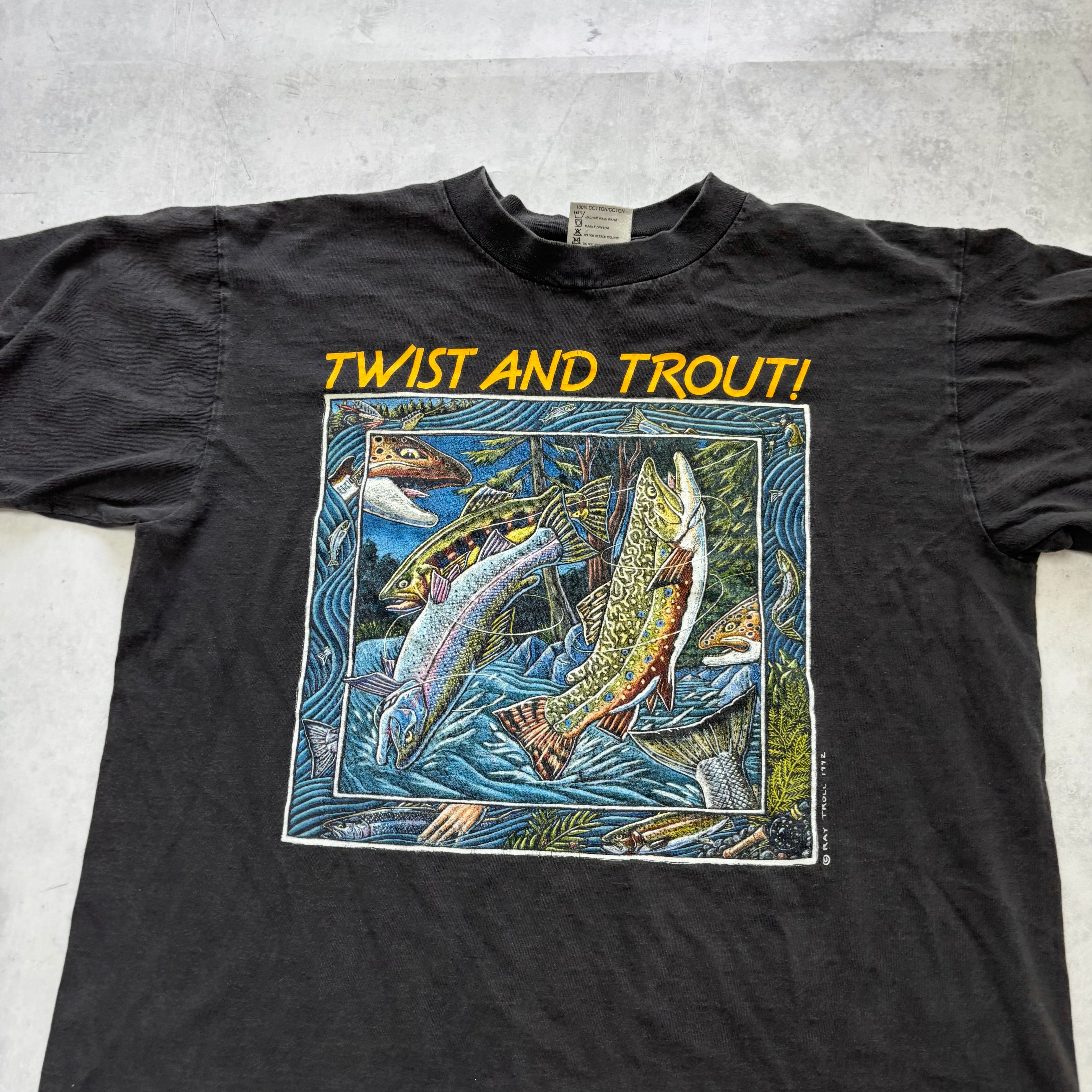 Vintage T Shirt Mens Medium Black Single Stitch Graphic Print 90s Fish (E)