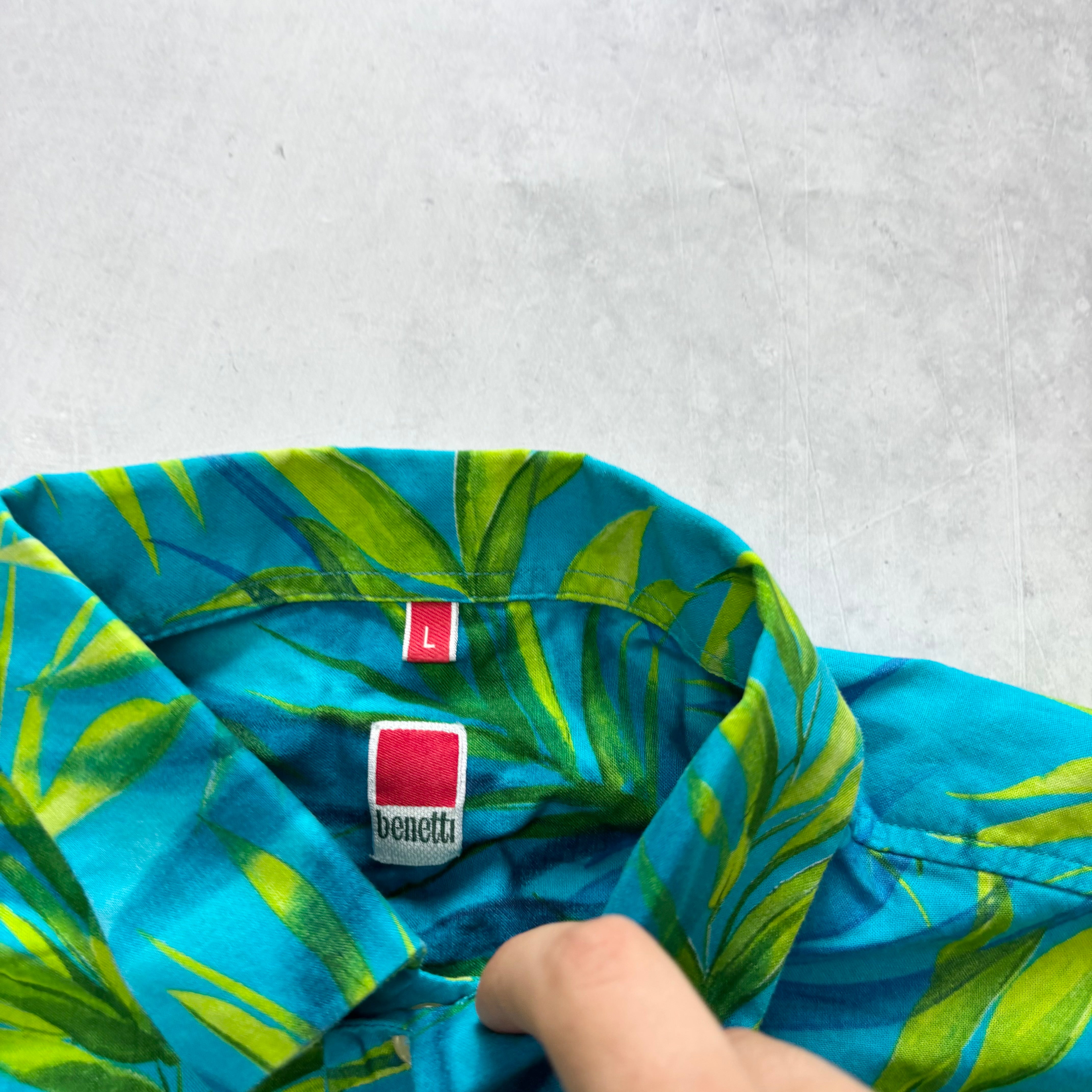 Vintage Hawaiian Shirt Mens Large Blue Floral Aloha Short Sleeve Cotton (E)