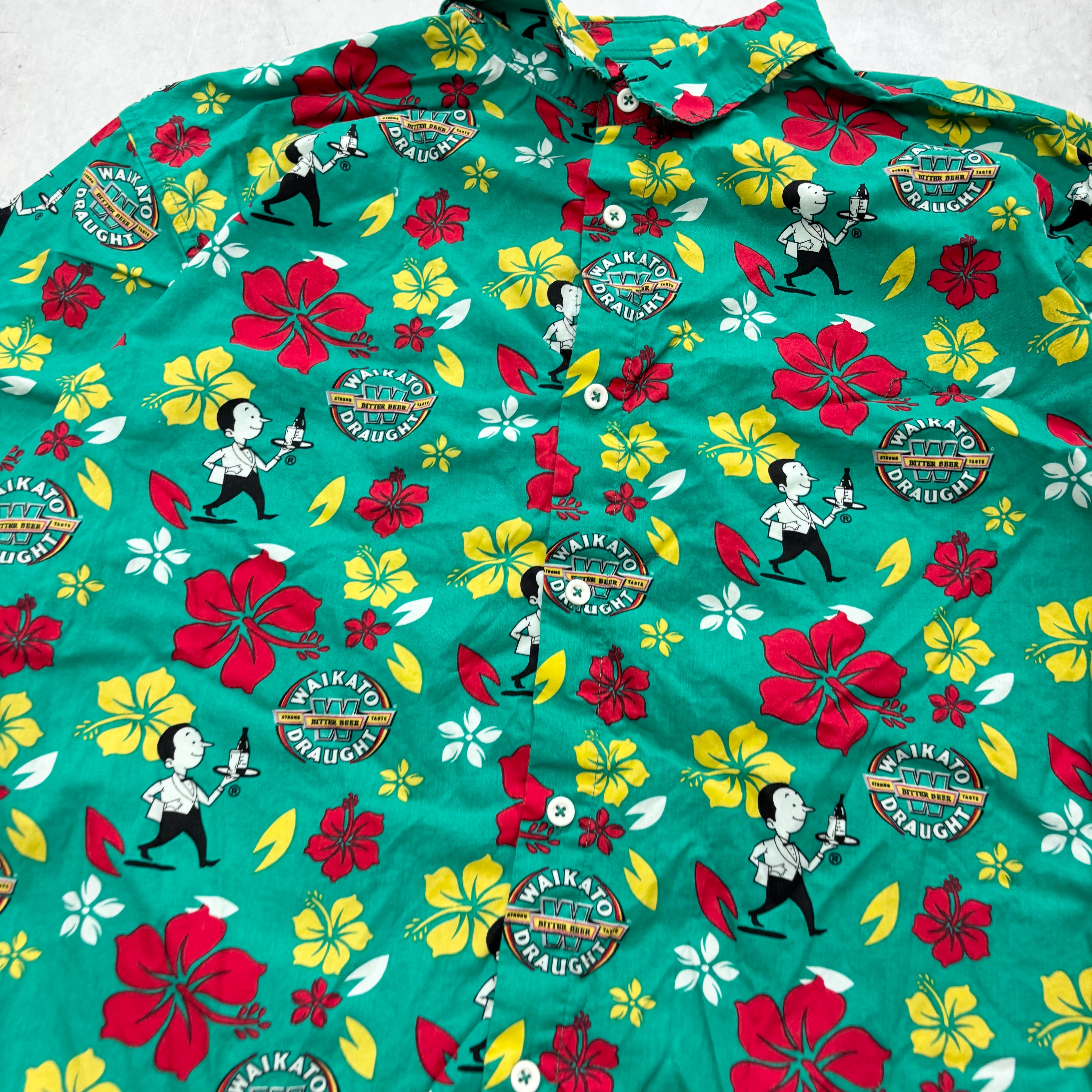 Hawaiian Shirt Mens XL Green Floral Aloha Short Sleeve Beer Cotton (E)