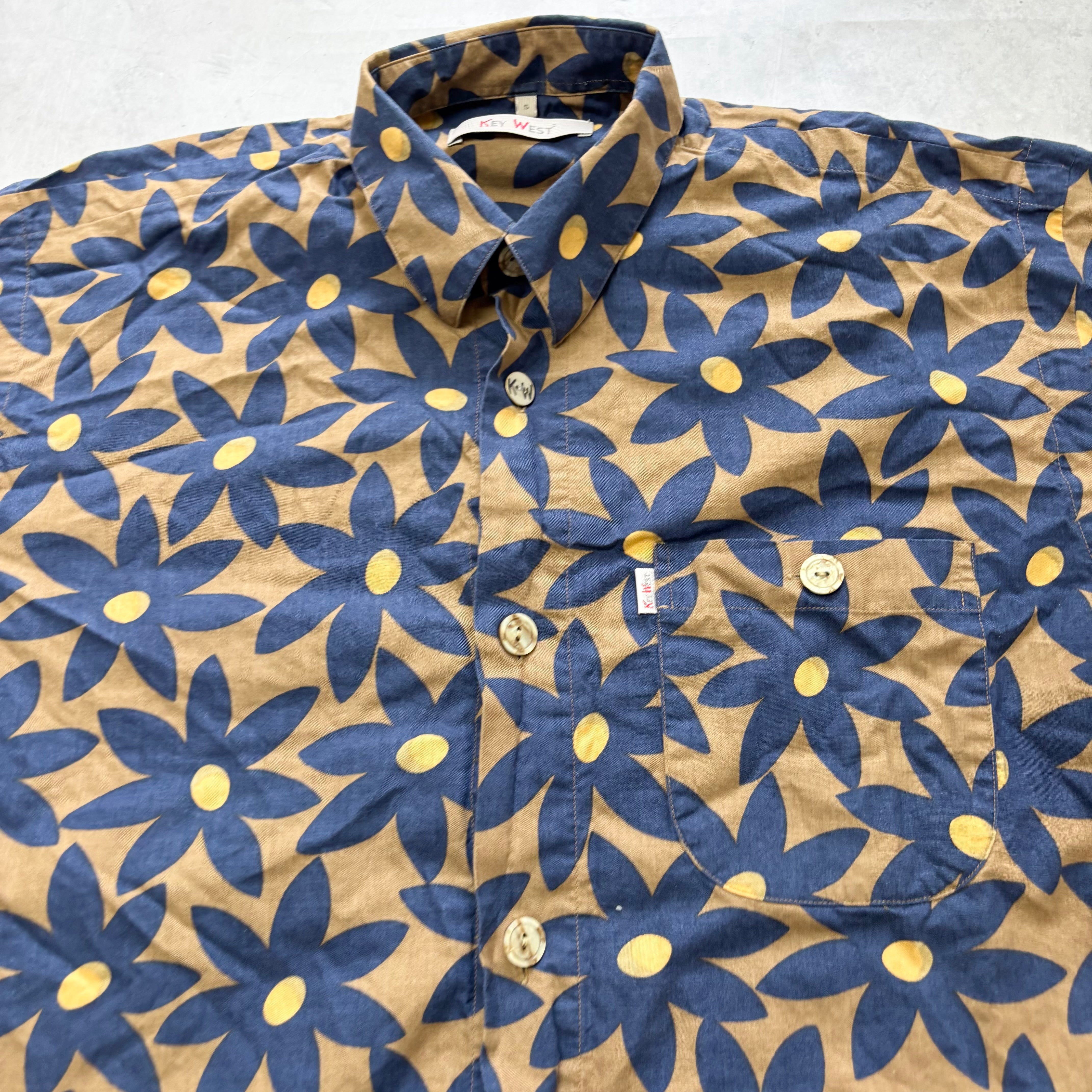 Vintage Hawaiian Shirt Mens Small Navy Brown Floral Aloha Short Sleeve (E)