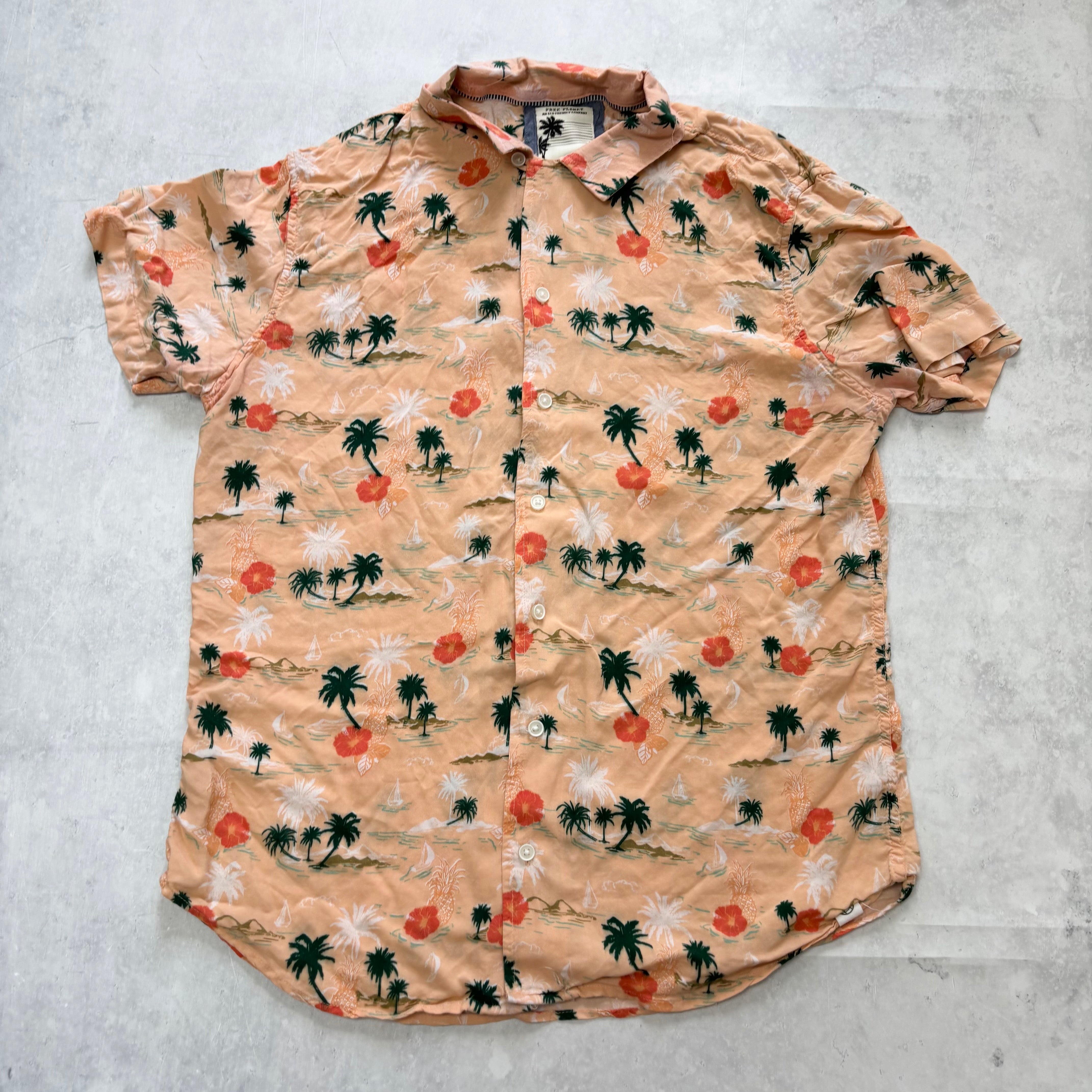 Hawaiian Shirt Mens Large Peach Floral Aloha Short Sleeve Rayon Slim Fit (E)