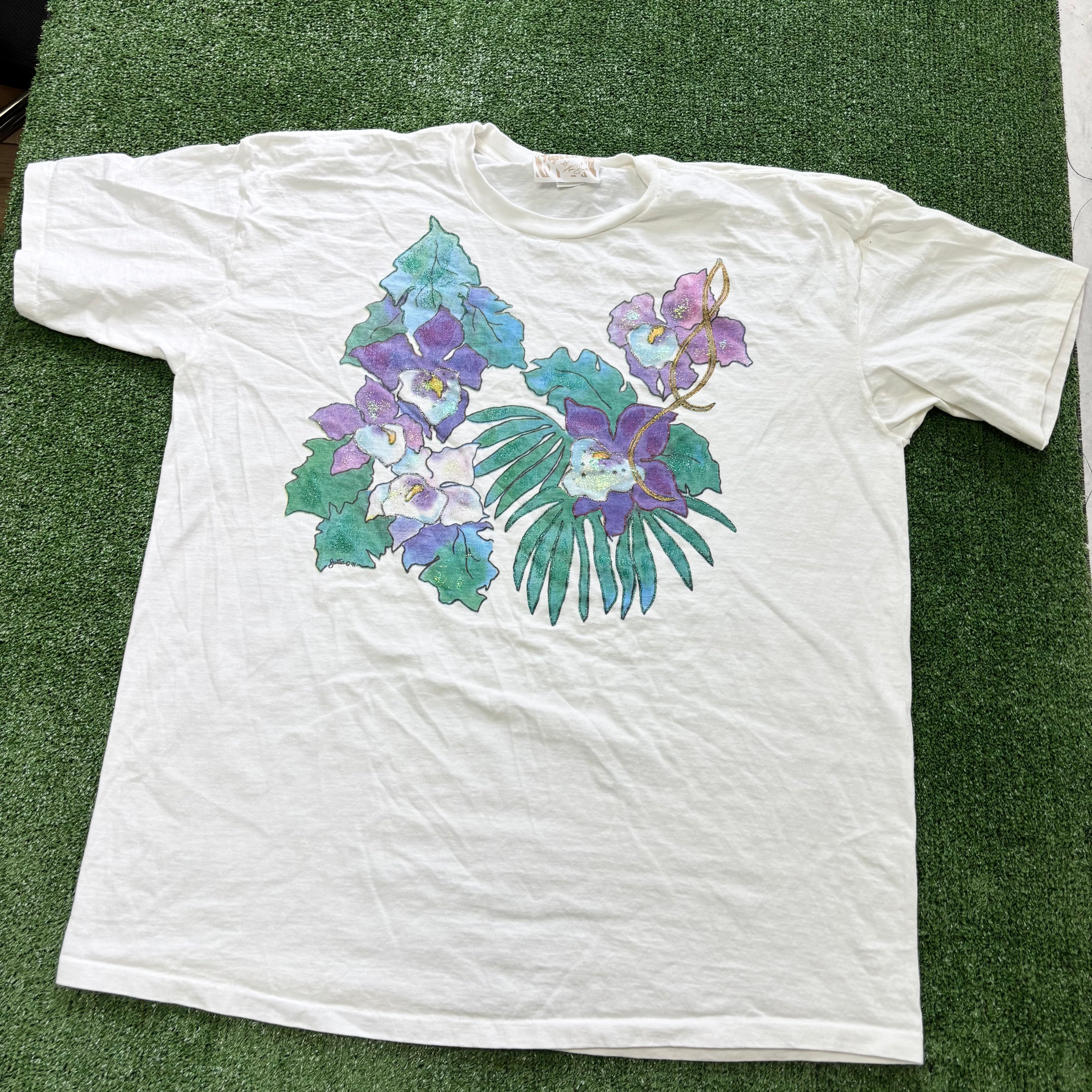 Vintage T Shirt Mens XXL White Single Stitch Graphic Print 90s Flowers (E)