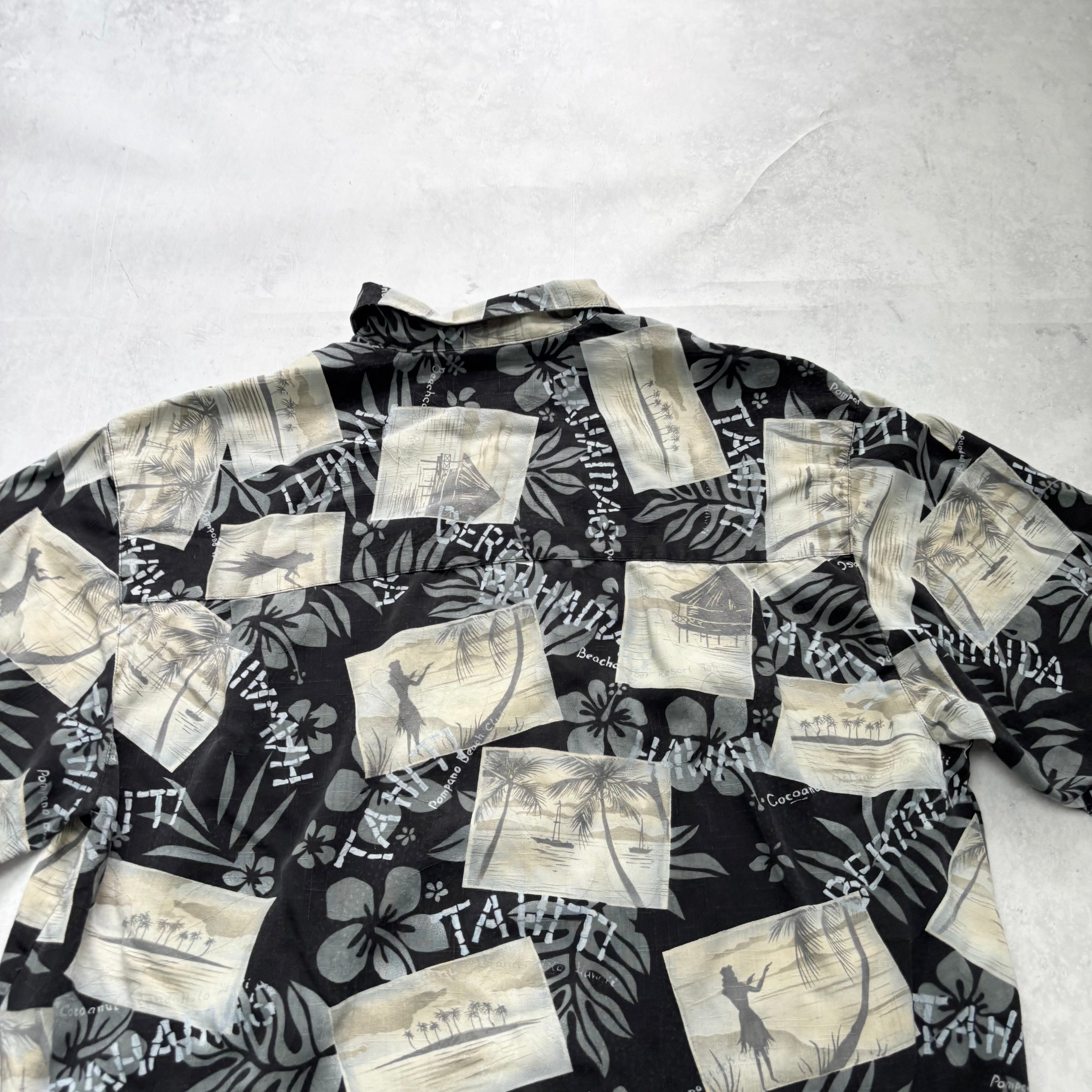 Vintage Hawaiian Shirt Mens Large Black Floral Aloha Short Sleeve Silk (E)