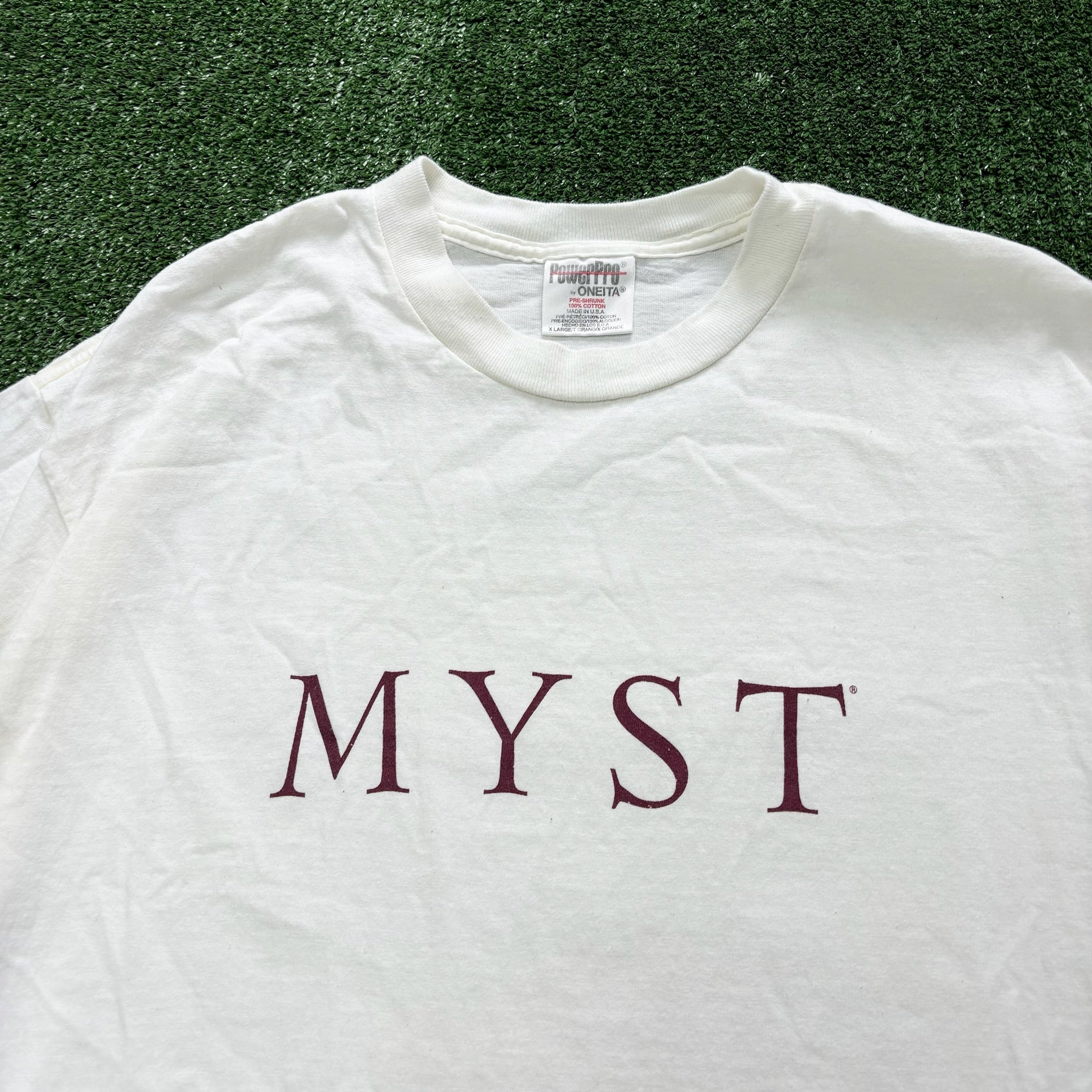 Vintage T Shirt Mens Large Cream Single Stitch Graphic Print Myst Video Game