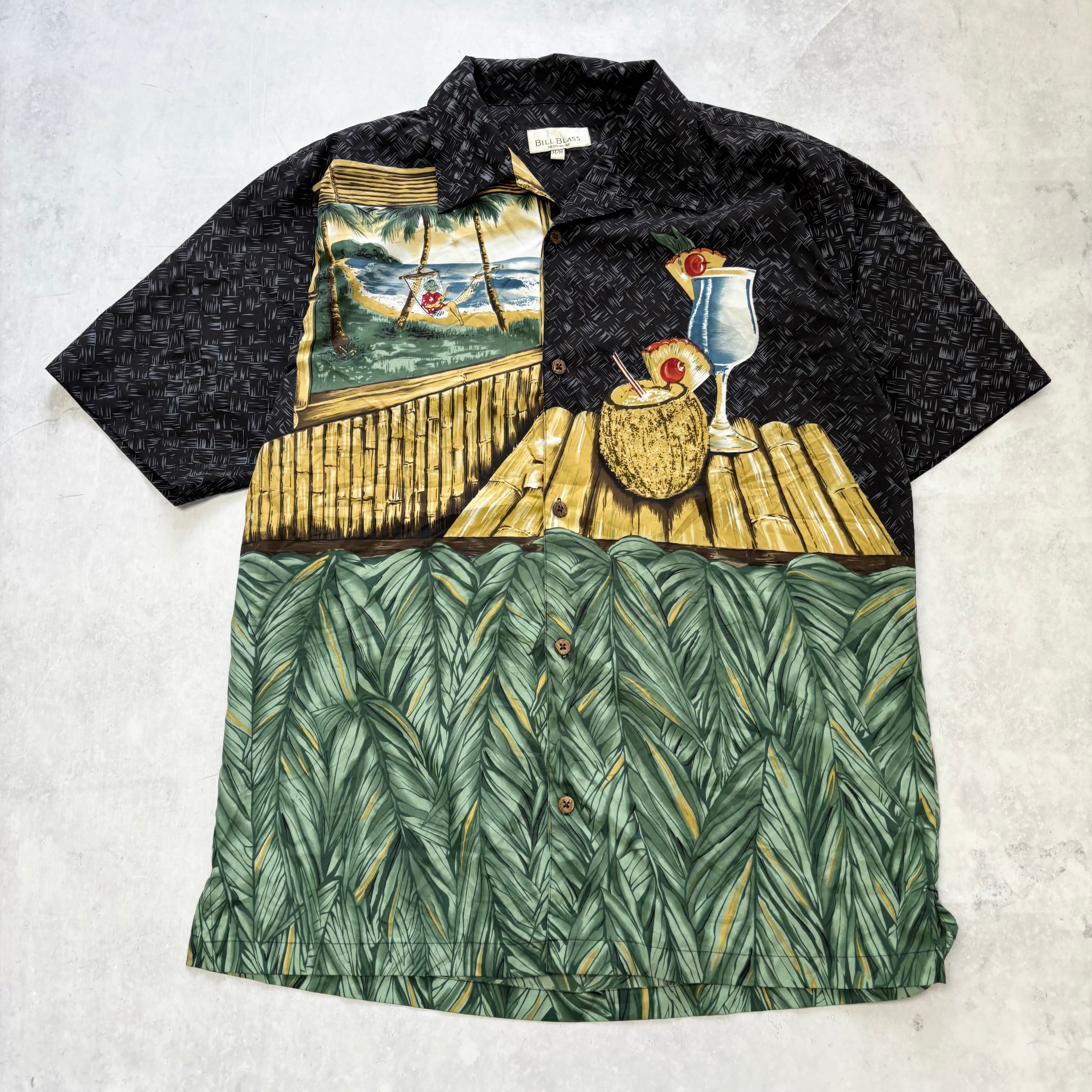 Vintage Hawaiian Shirt Mens Medium Black Floral Aloha Short Sleeve Polyester (E)