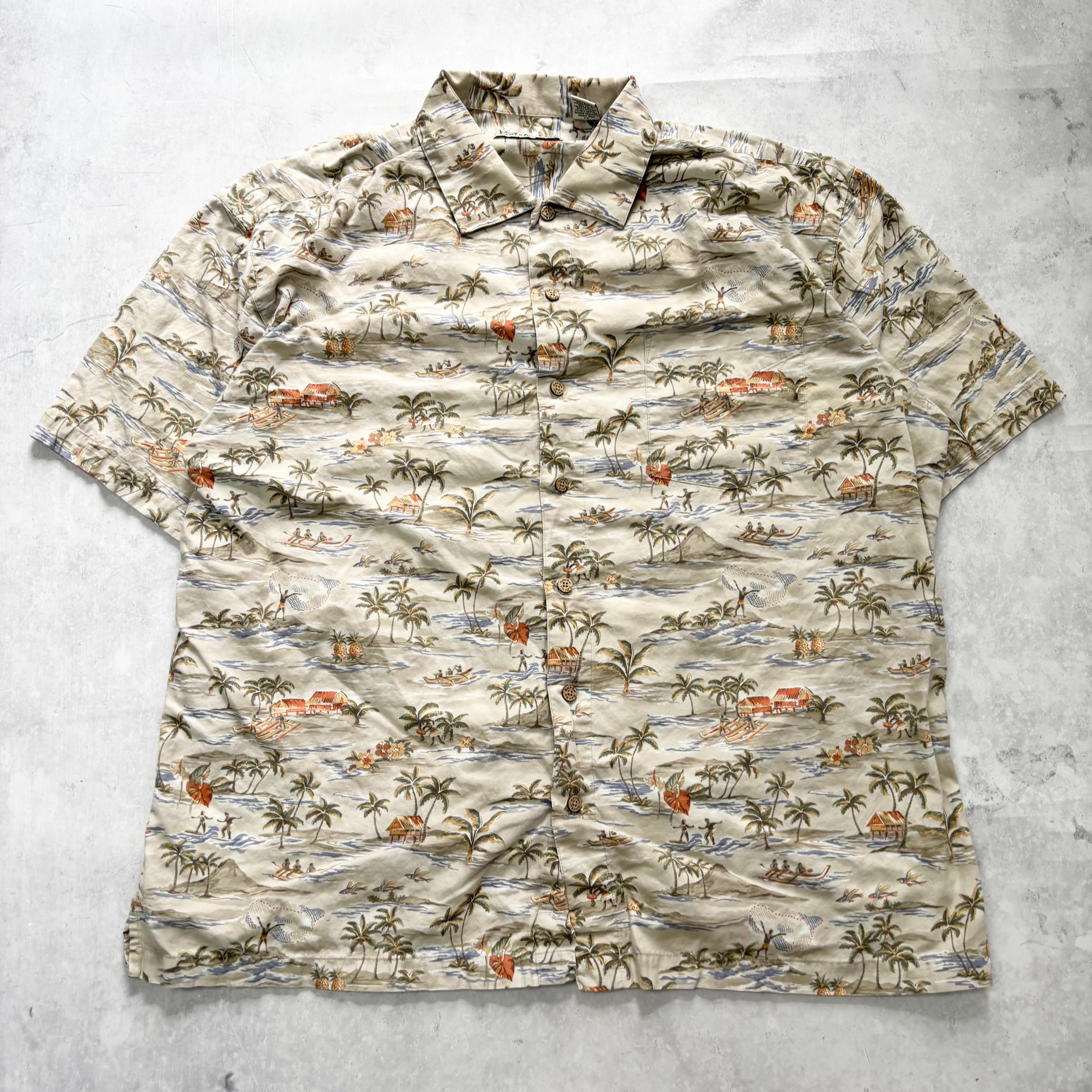 Vintage Hawaiian Shirt Mens XXL Beige Floral Aloha Short Sleeve Cotton (E)