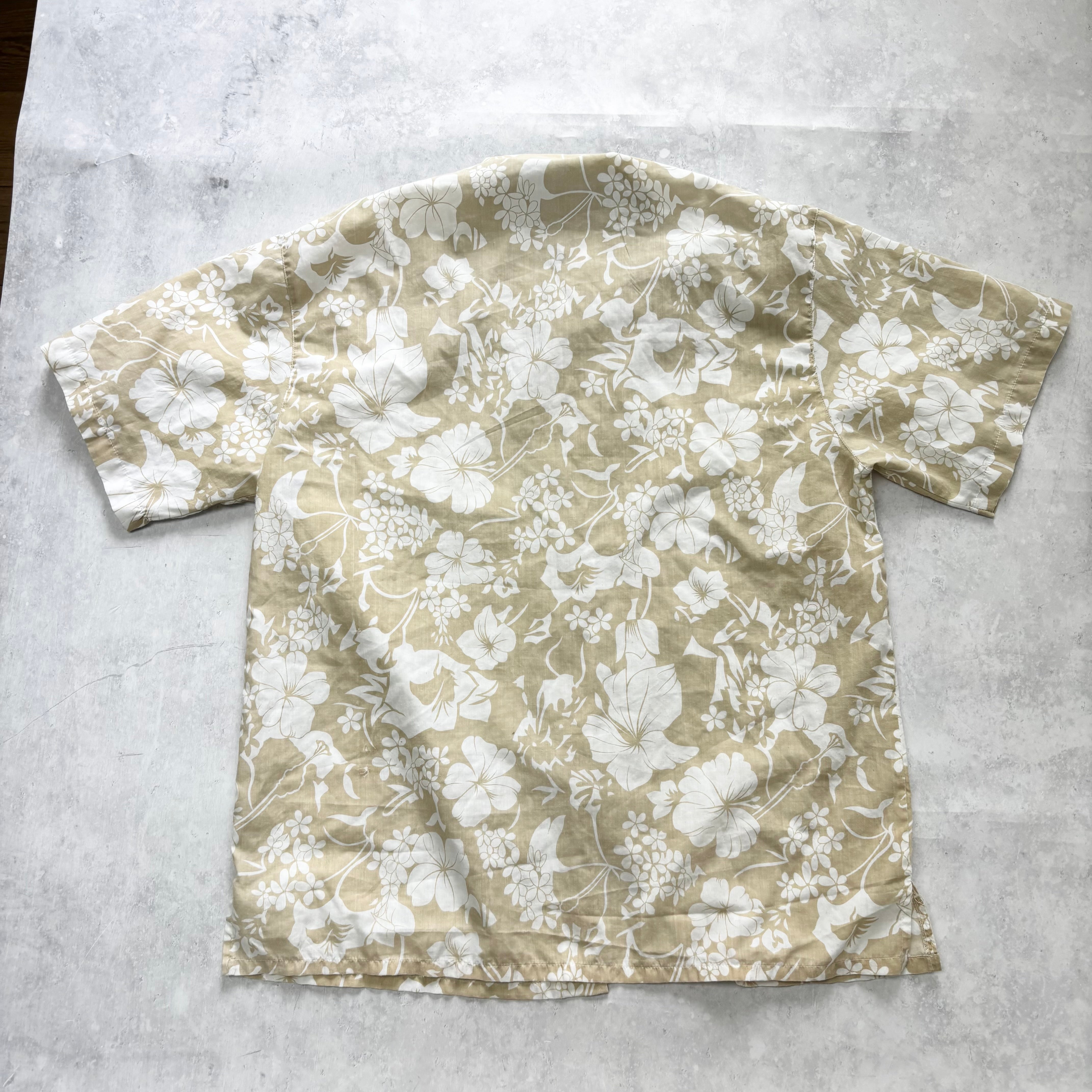 Vintage Hawaiian Shirt Mens Large Beige Floral Aloha Short Sleeve (F)