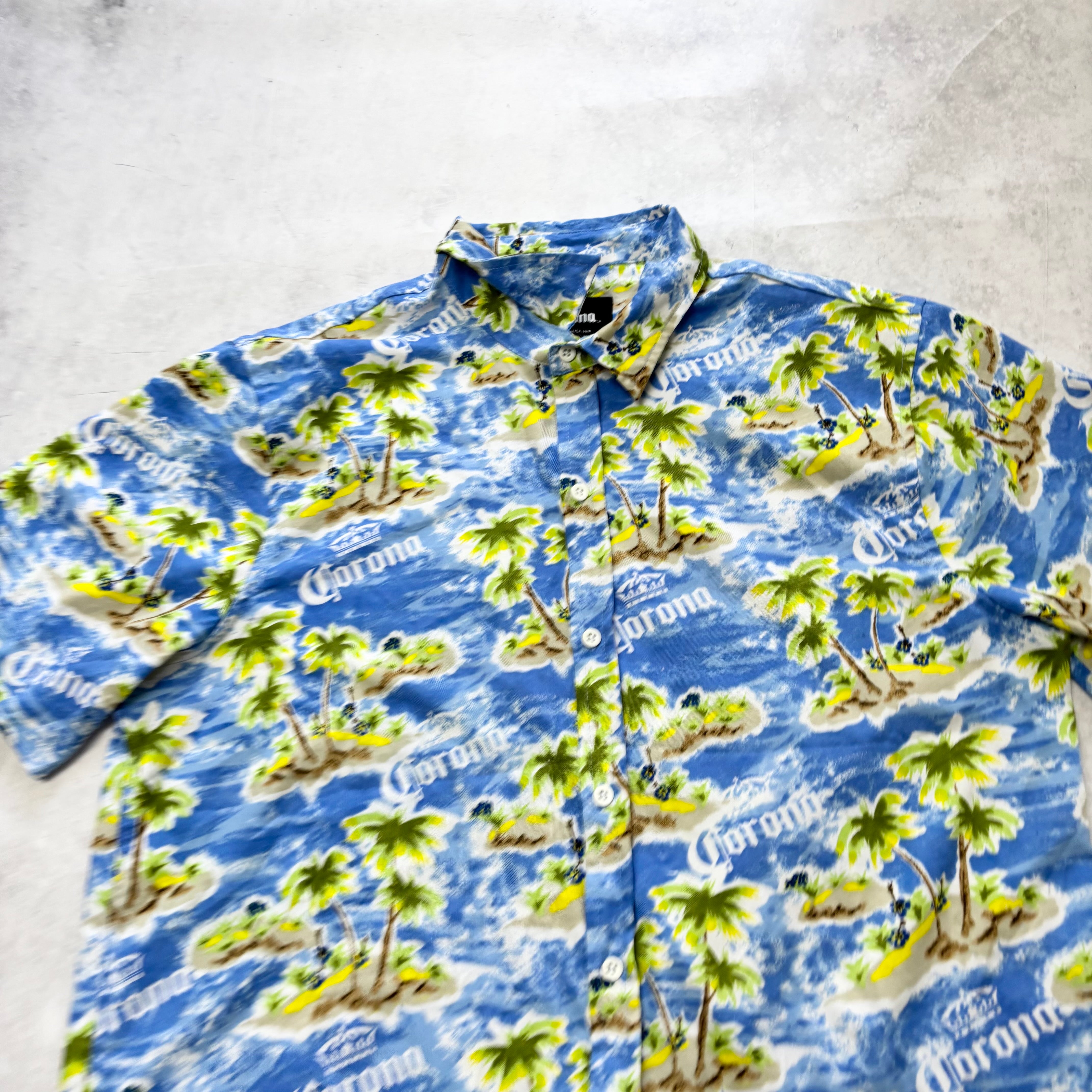 Corona Hawaiian Shirt Mens Large Blue Floral Aloha Short Sleeve Polyester (E)